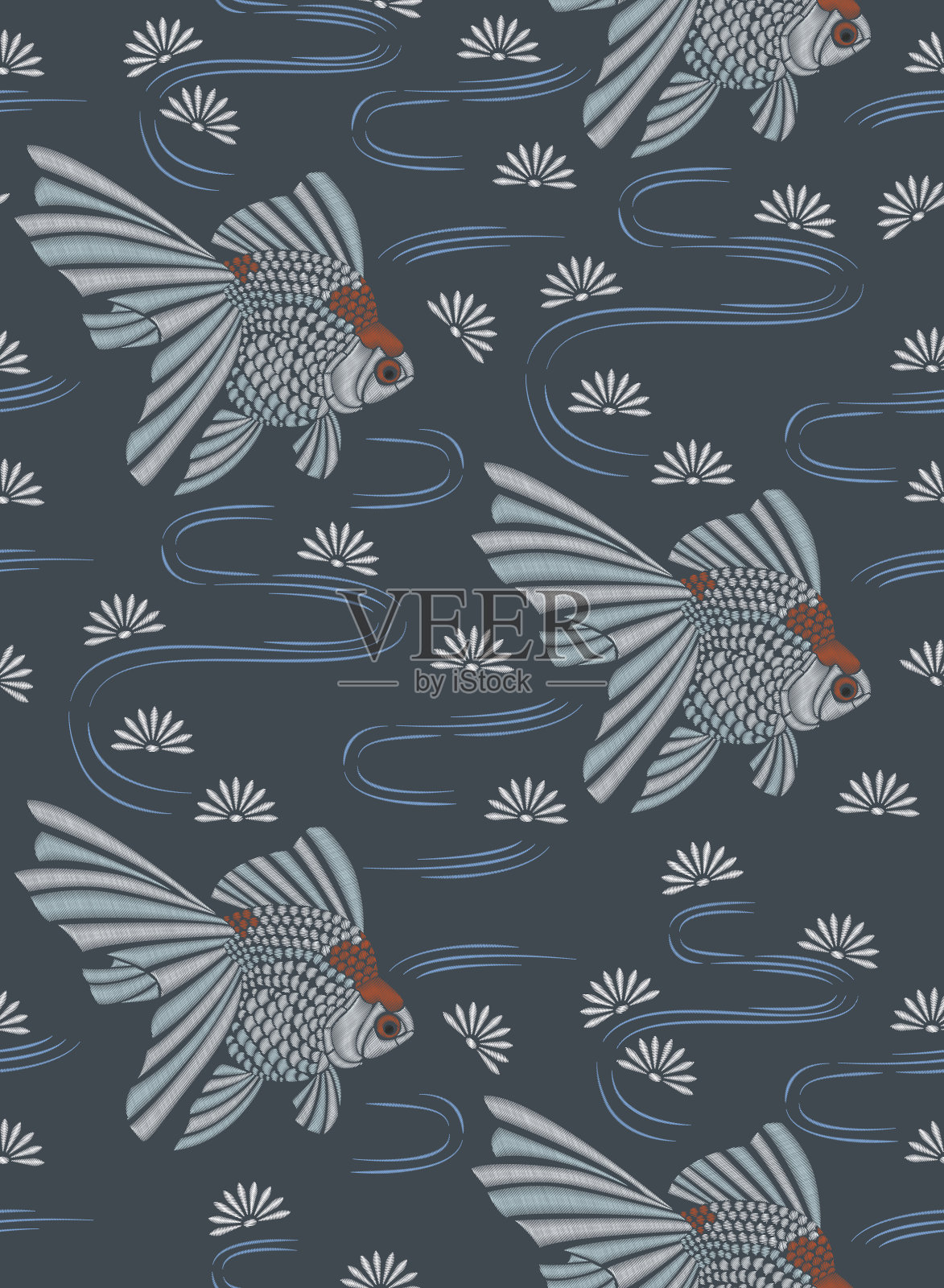 金鱼在浪花中绣着菊花。矢量装饰元素的刺绣，补丁和贴纸。无缝模式插画图片素材