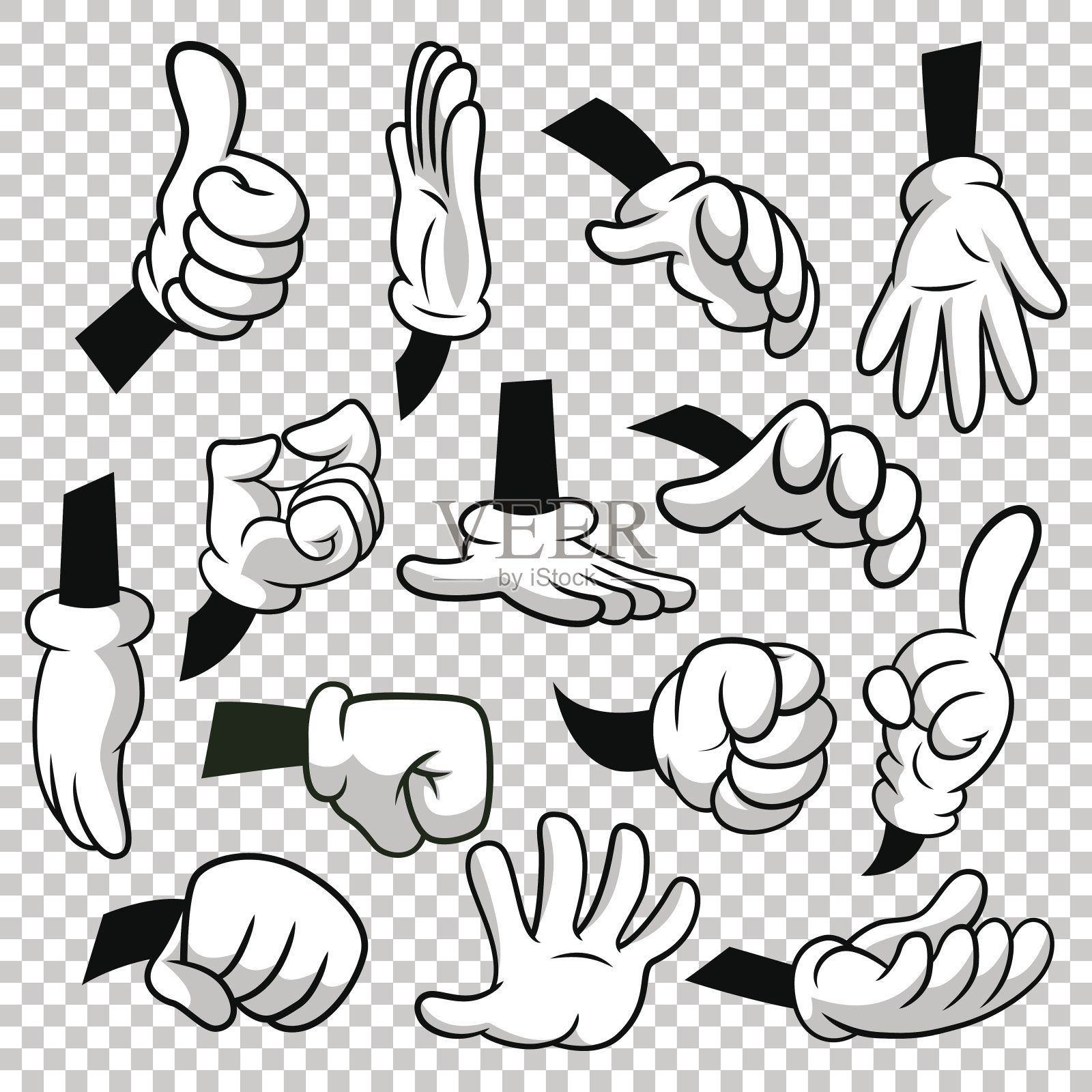卡通手与手套图标设置隔离在透明的背景。矢量剪贴-身体的部分，手臂在白手套。手势集合。EPS8中的设计模板设计元素图片