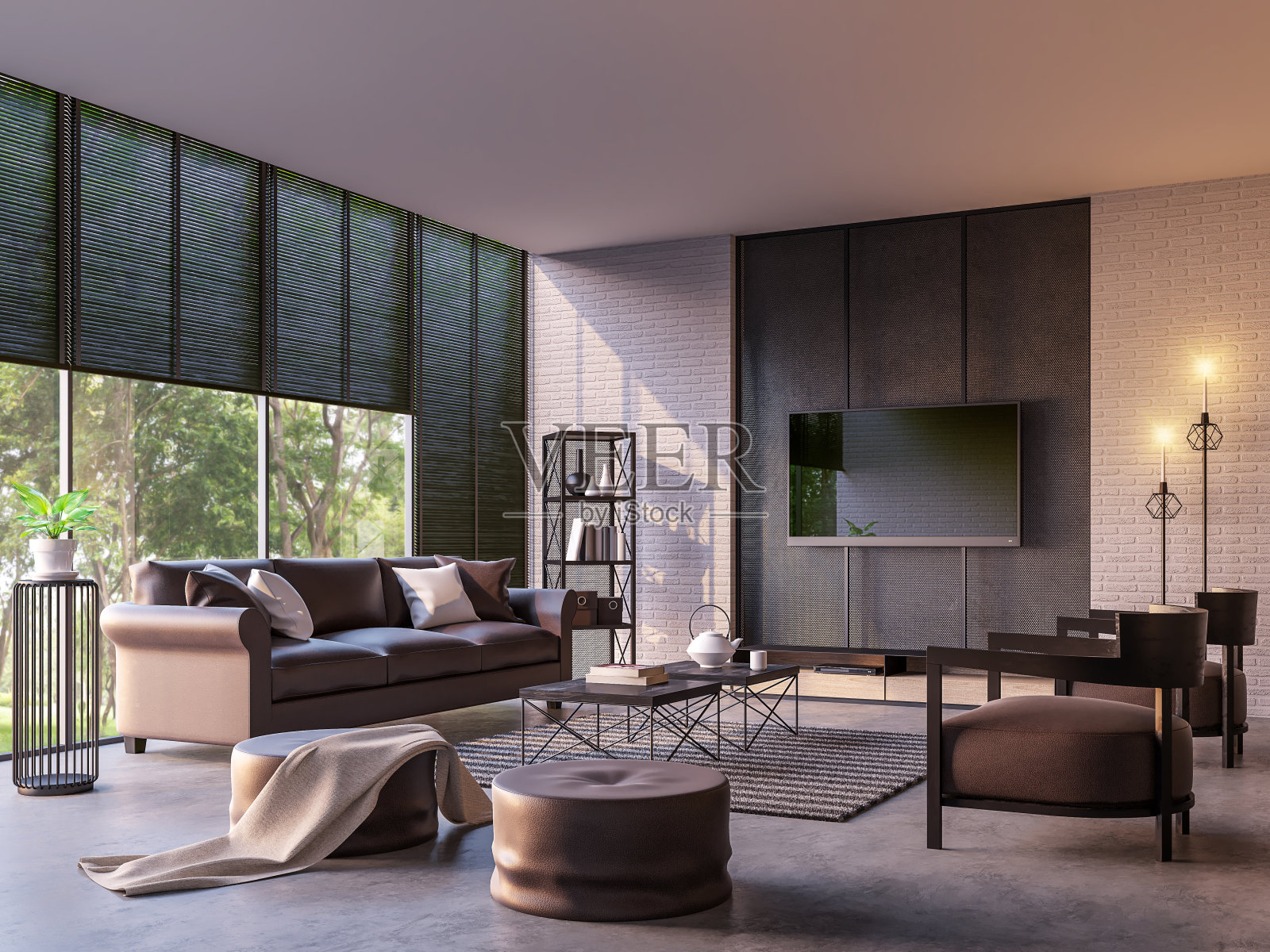 现代阁楼客厅与自然视图3d渲染图像背景图片素材