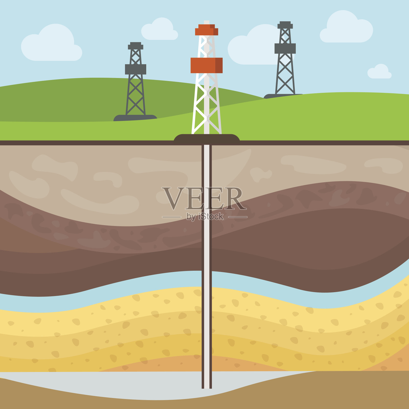 平坦的常规气藏，矿场上的塔，土壤层矢量图。天然气开采概念。插画图片素材