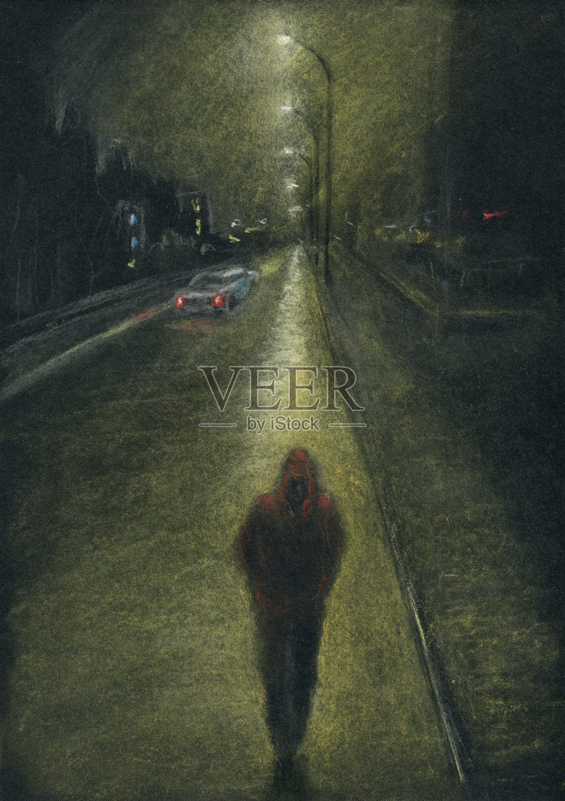 一个人在夜晚的城市道路上插画图片素材