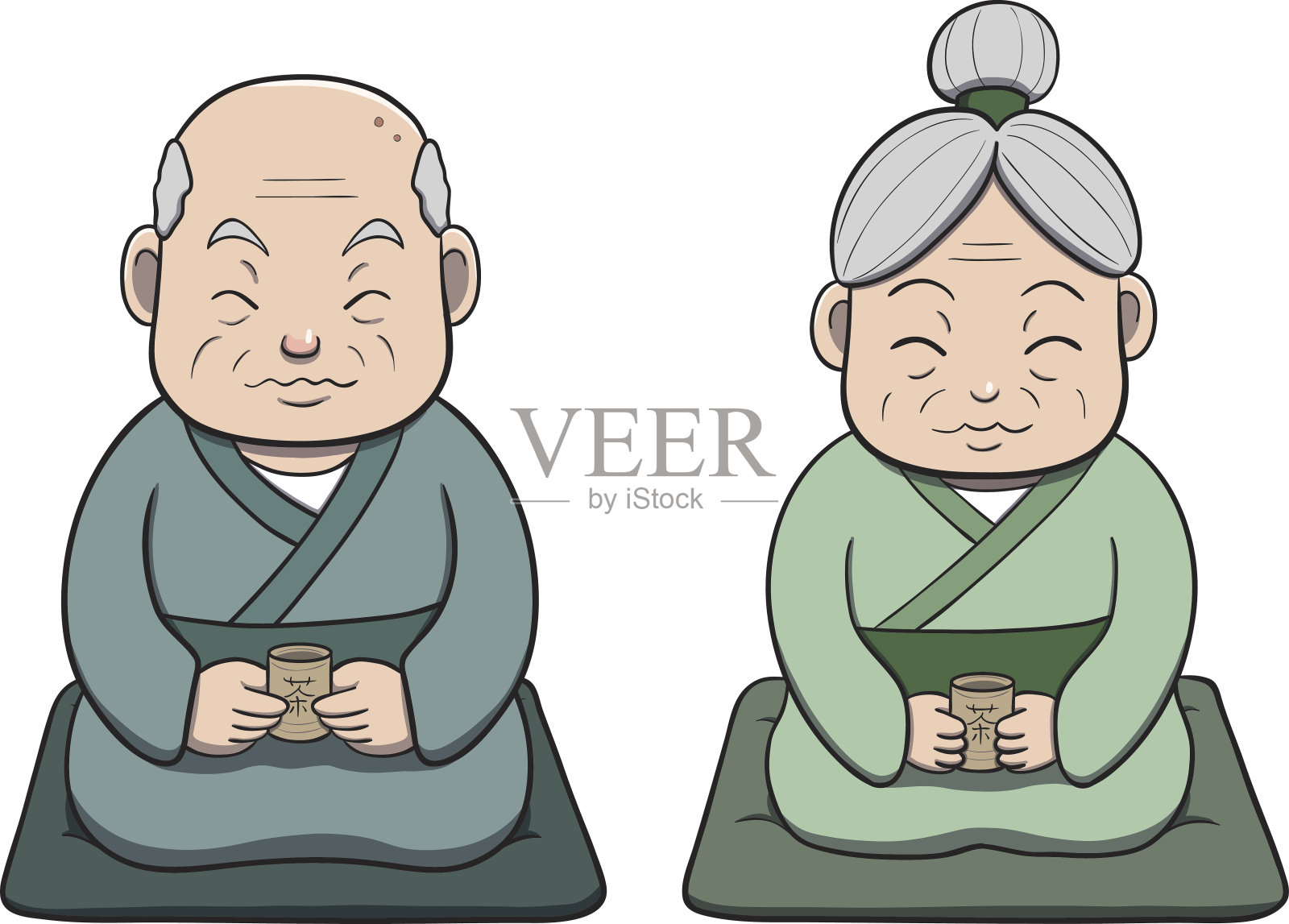 日本老夫妇品茶插画图片素材