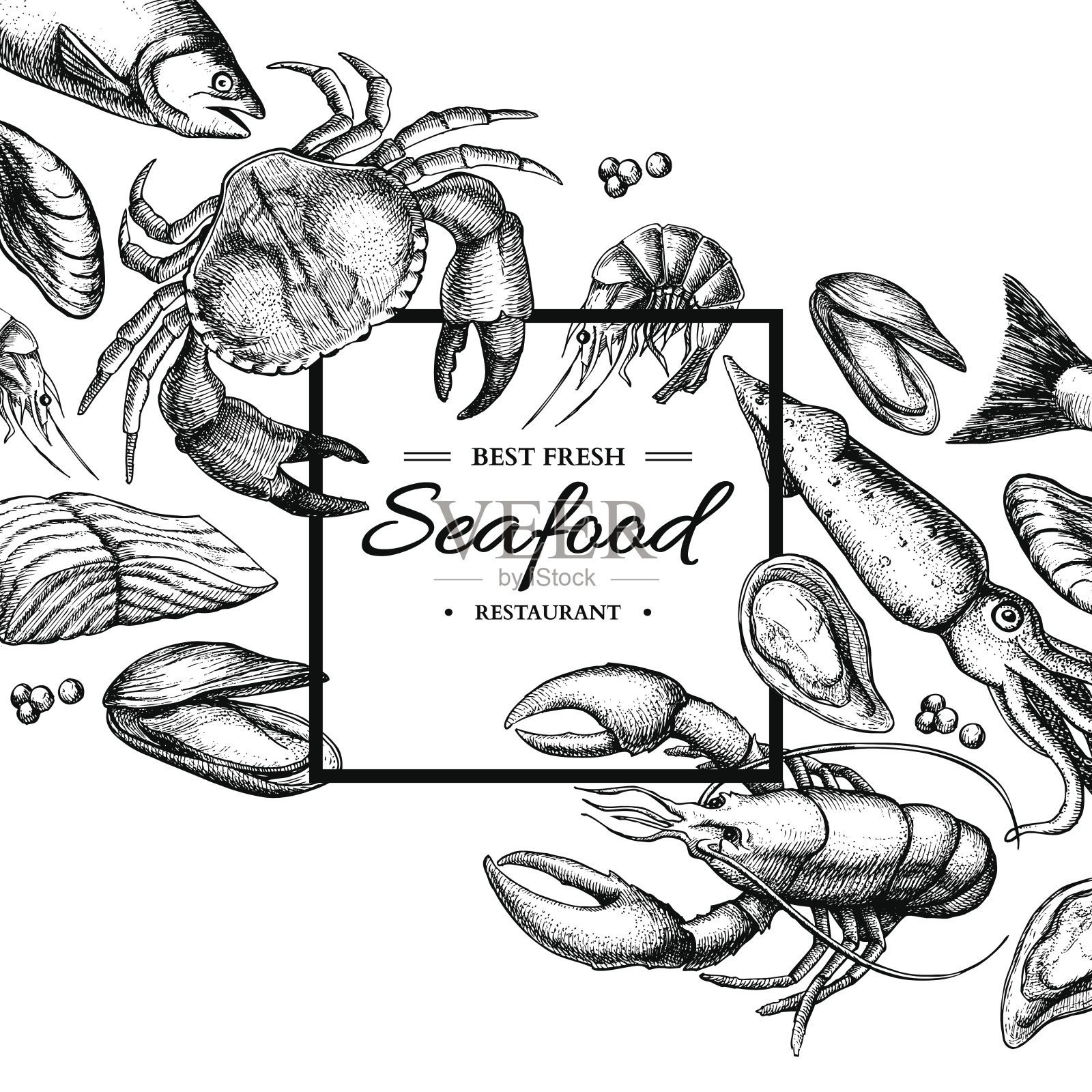 海产品手绘矢量框插图。螃蟹，龙虾，虾，牡蛎，贻贝，设计模板素材