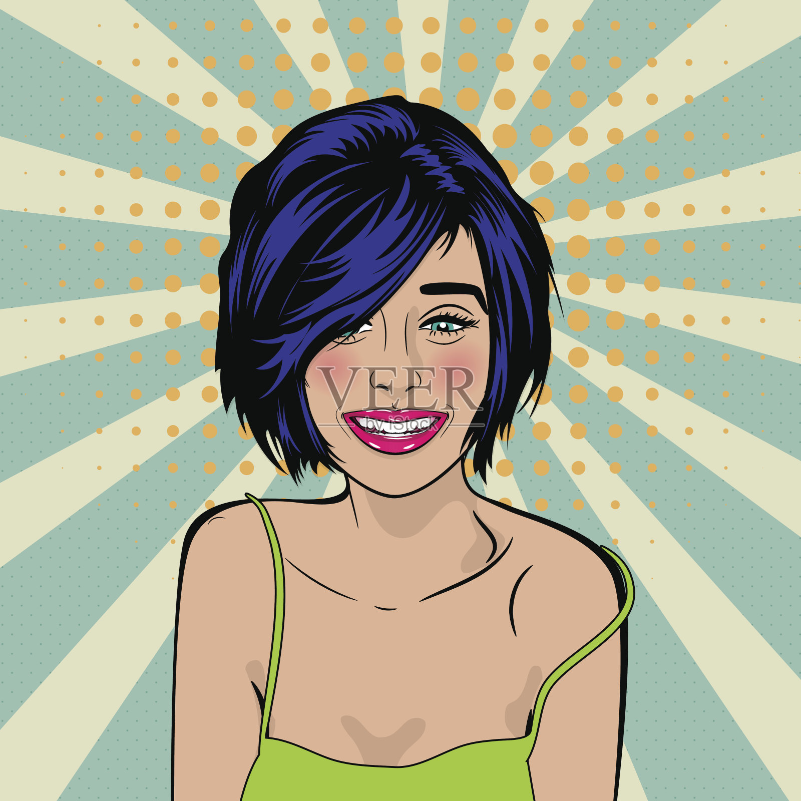 性感的流行艺术别针女孩蓝色头发微笑插画图片素材