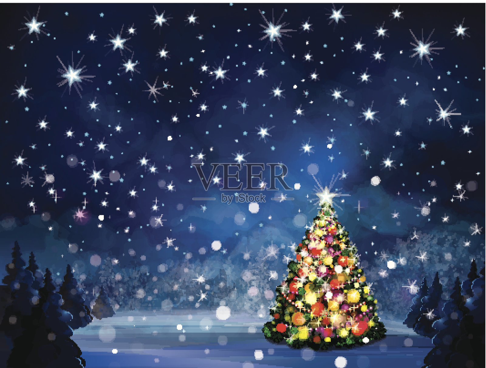 矢量冬季场景与圣诞树。插画图片素材