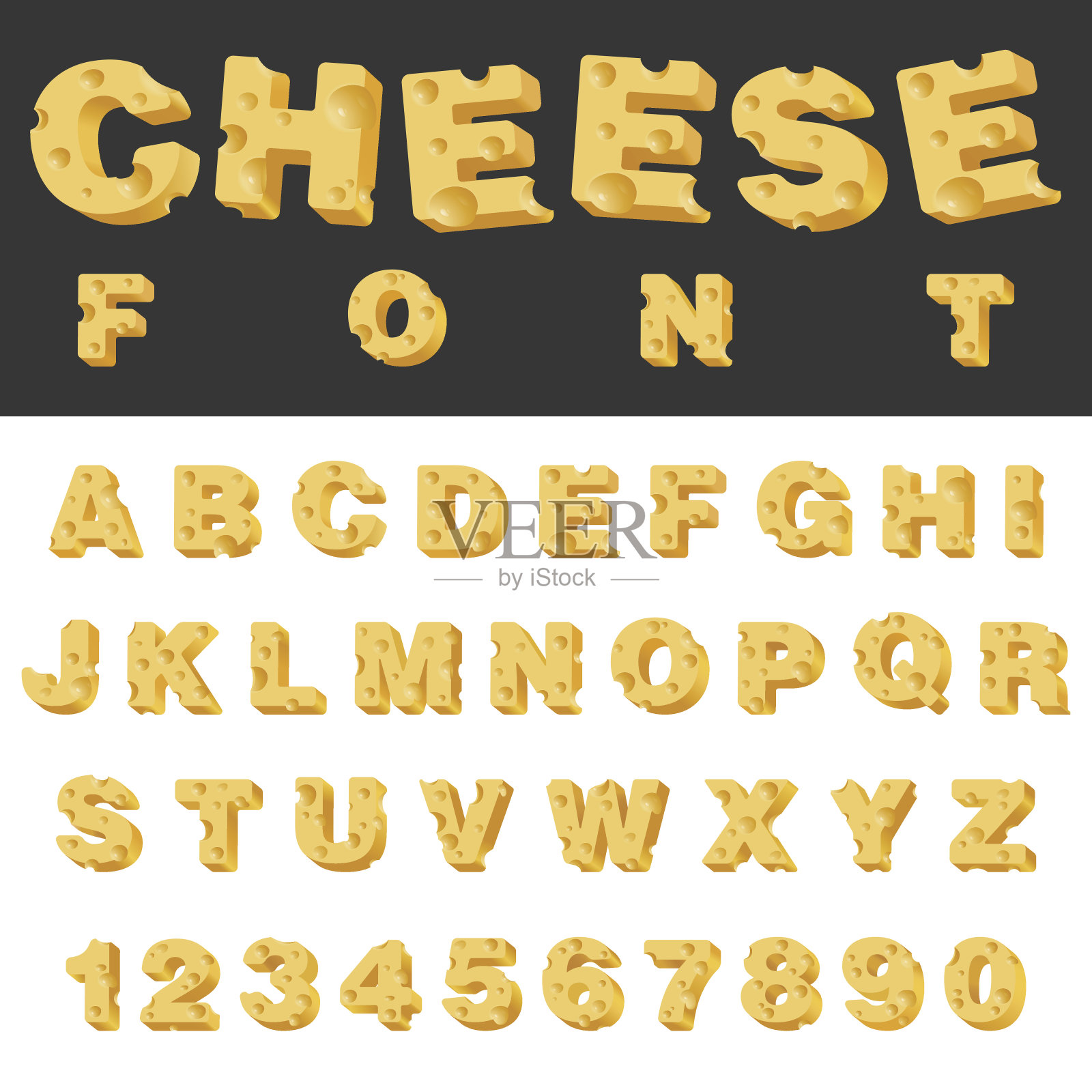 奶酪切片孤立的字母和数字拉丁字体。美食小吃排字字母集合。设计元素图片
