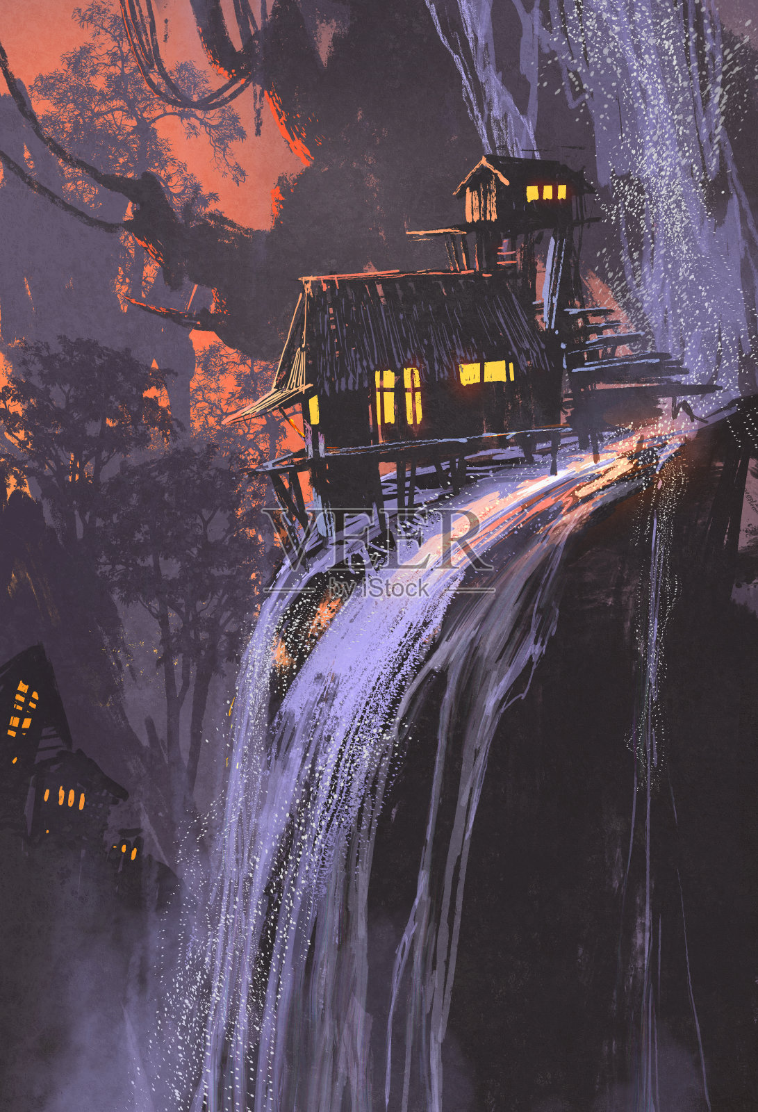 日落时分的瀑布小屋插画图片素材