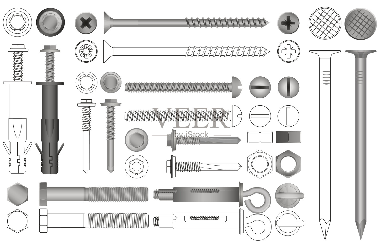 向量组的现实和线螺母，螺栓，螺钉和铆钉。设计元素图片