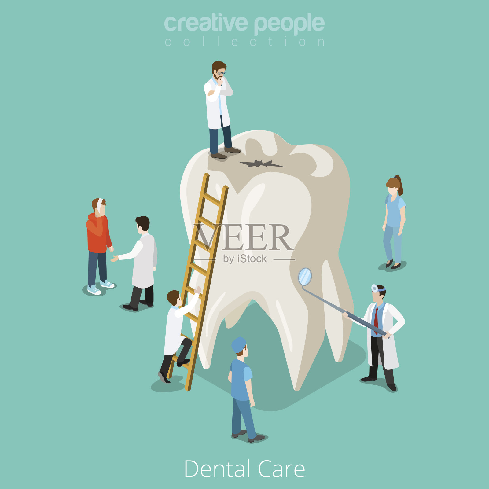 牙科保健微牙医病人人和巨大的牙齿保健概念。平面三维等距矢量网站插图。有创造力的人集合。插画图片素材