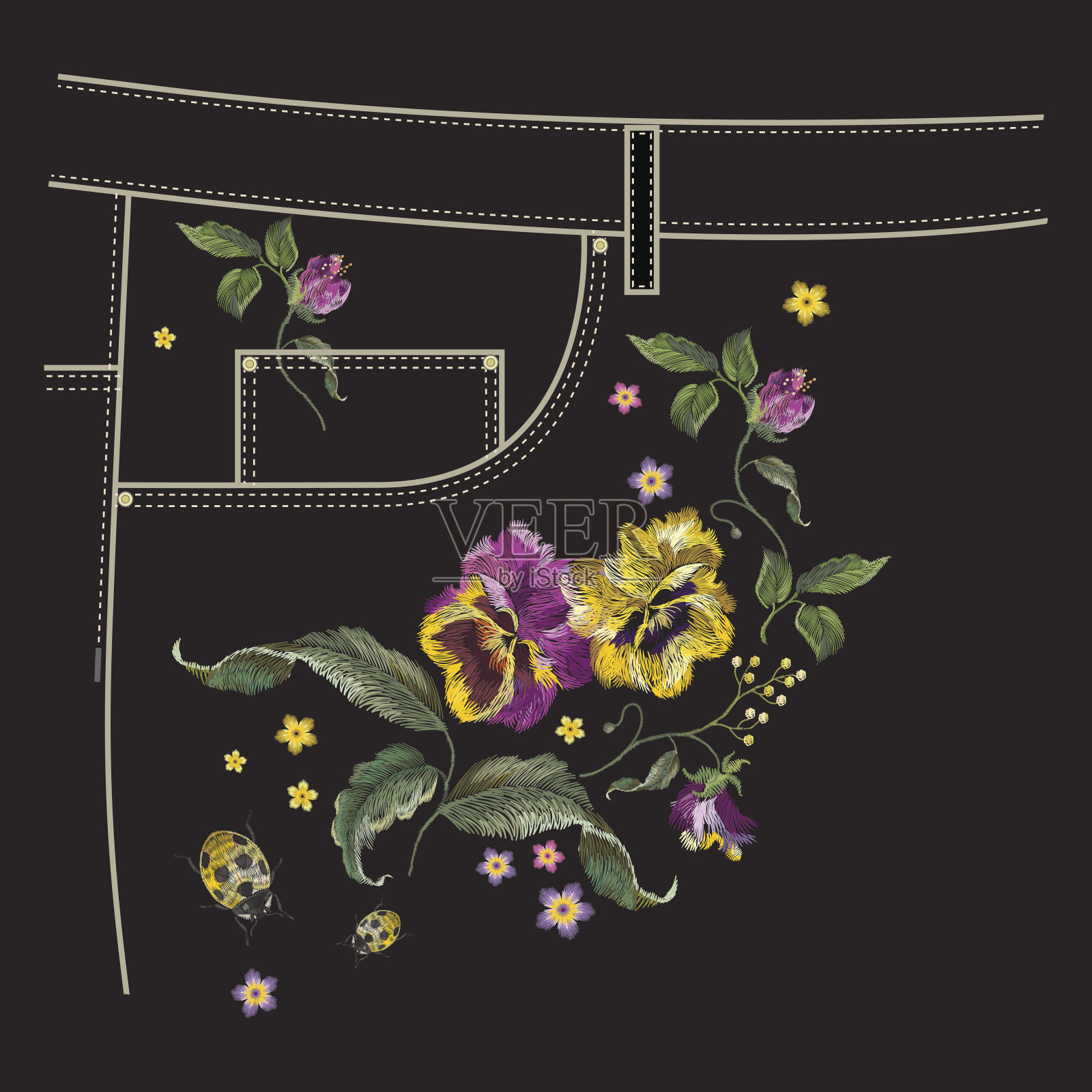 刺绣花图案与三色堇和瓢虫为口袋的牛仔裤。插画图片素材