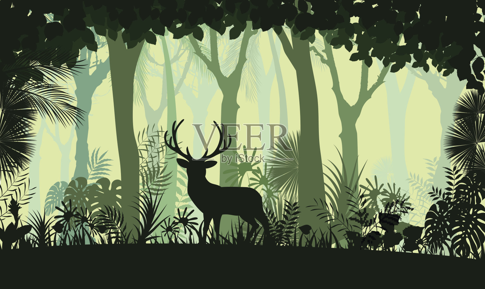 森林背景有野鹿的树木。向量插画图片素材