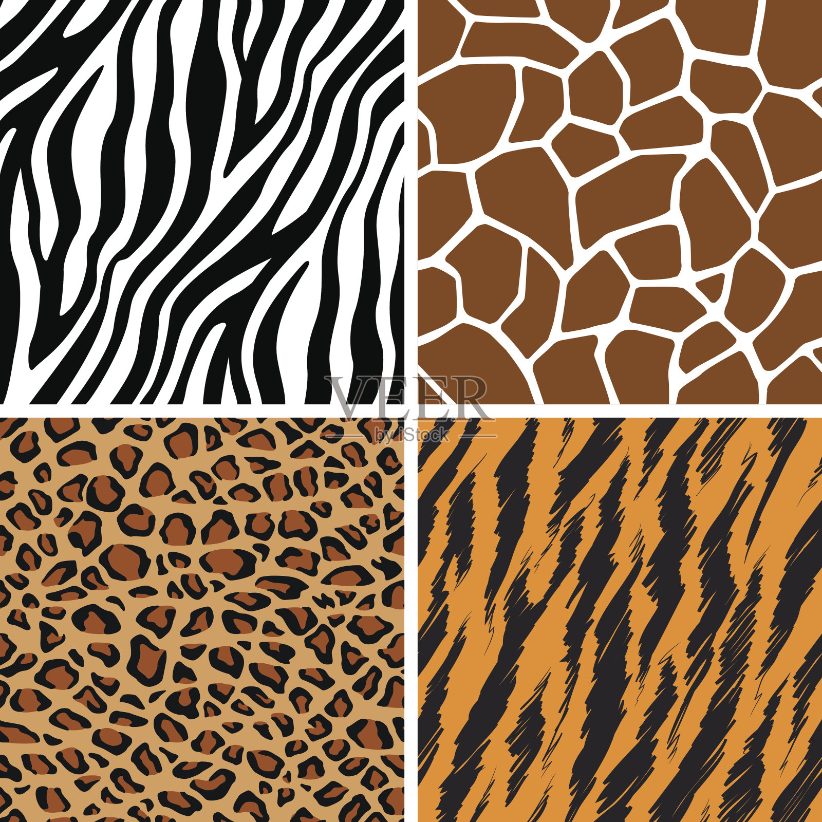 动物组-长颈鹿，豹，老虎，斑马无缝图案插画图片素材