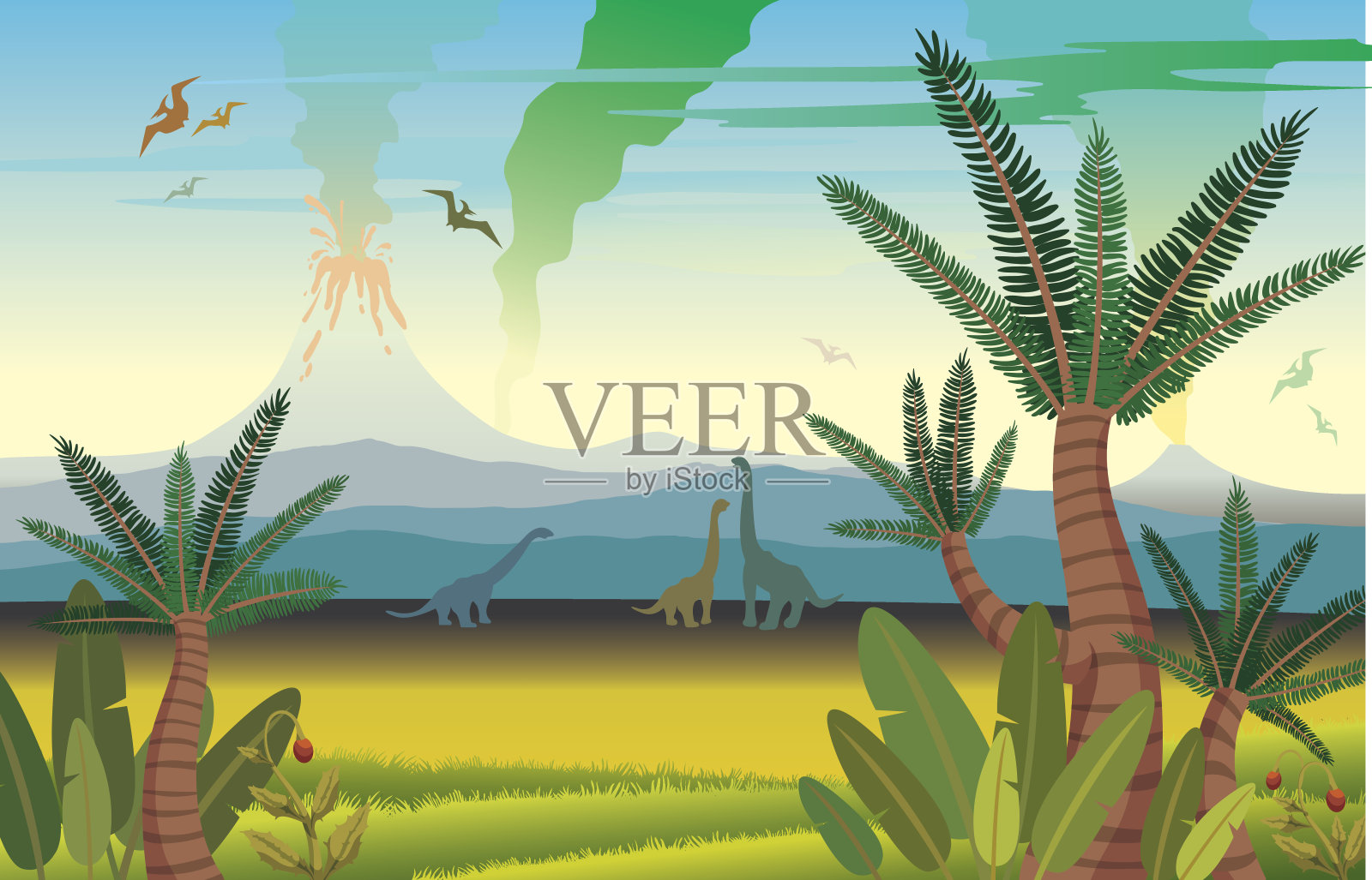 有恐龙、火山和植物的史前景观。插画图片素材
