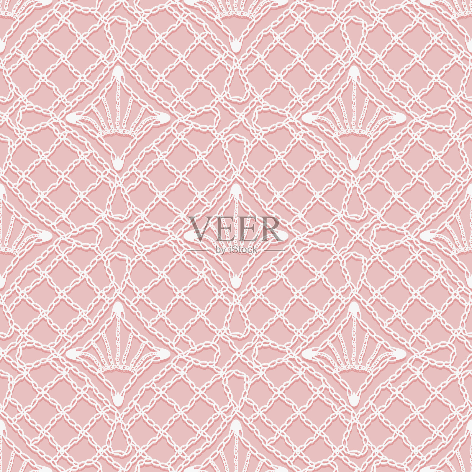 针织花边的无缝图案。粉色背景上的白色铰链和装饰线。设计元素图片