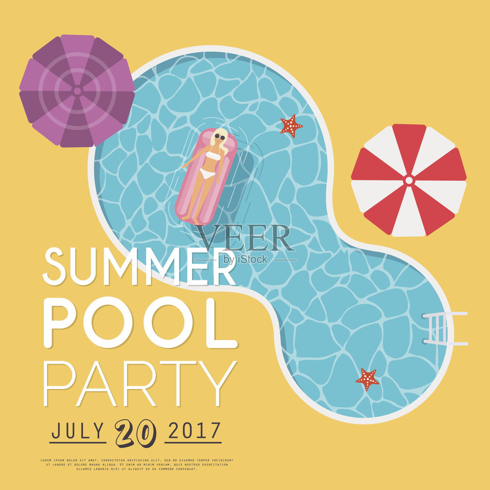 夏季泳池派对邀请。传单或横幅模板。平面设计元素，极简风格。矢量插图。插画图片素材