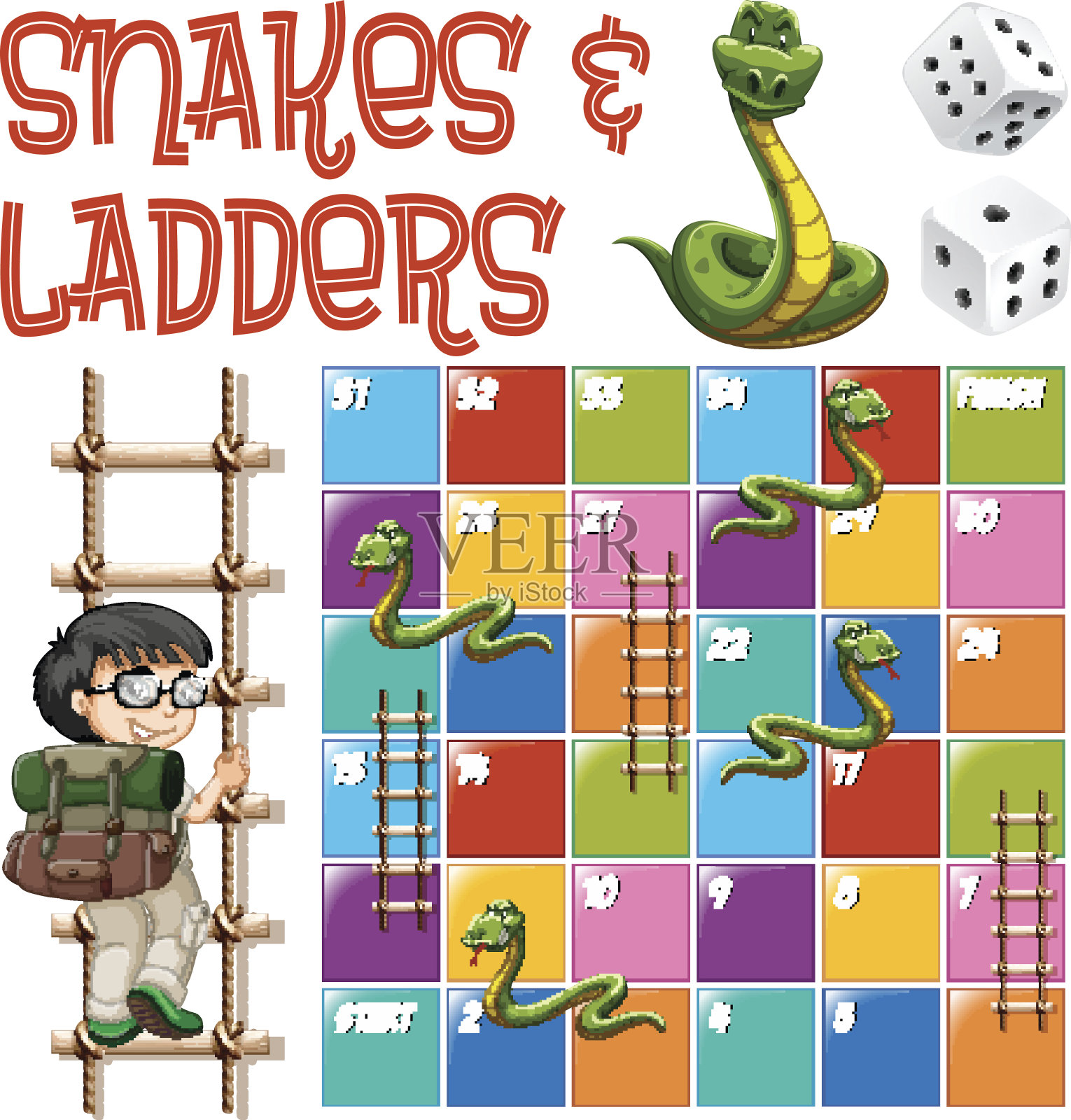 带有梯子和蛇的桌面游戏模板插画图片素材