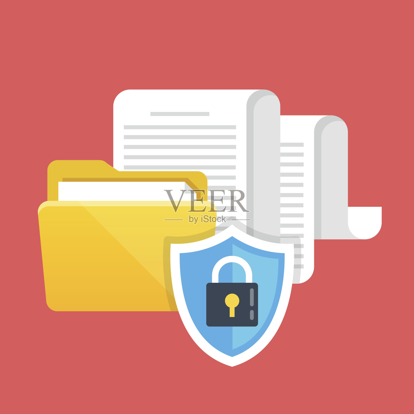数据保护、文件安全和访问权限概念。文件夹，文件和盾牌与锁图标。现代平面设计矢量插图设计元素图片