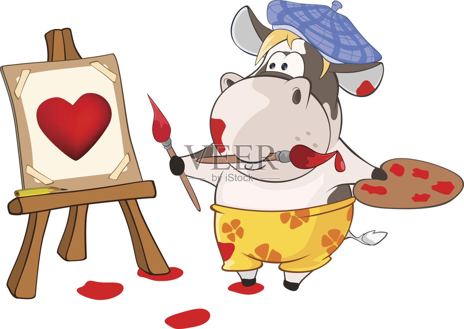 插图一个可爱的牛画家，卡通人物插画图片素材