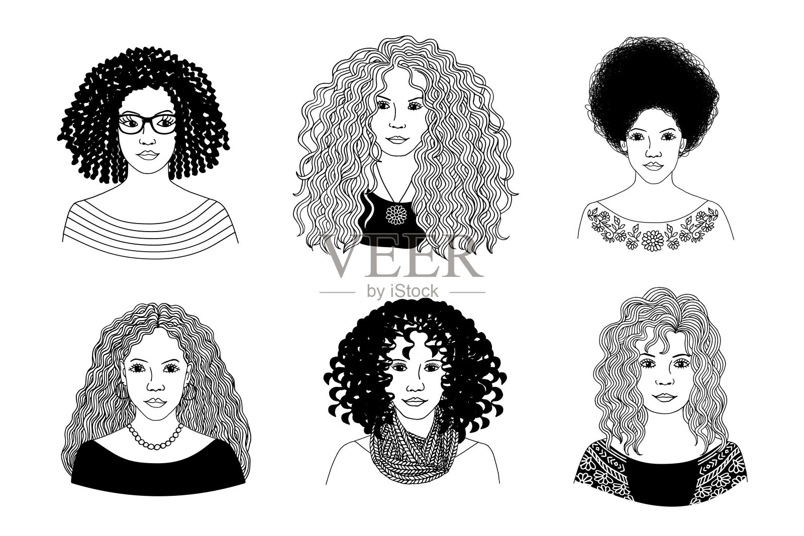 拥有不同类型卷发的年轻女性插画图片素材