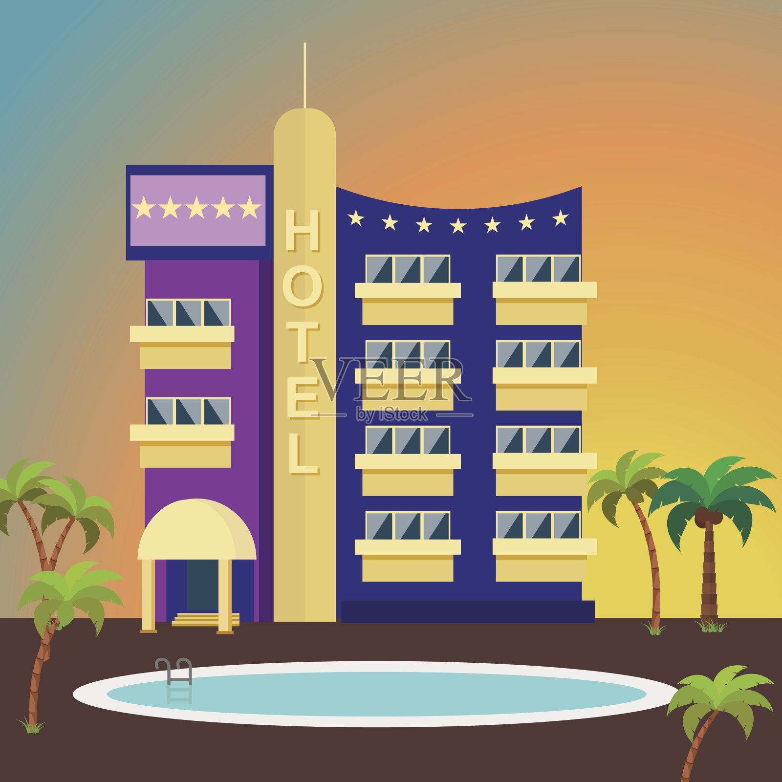 豪华酒店在一个彩色的背景包围着棕榈树和一个游泳池。建筑外观为平面风格。五星级旅游观光酒店。插画图片素材