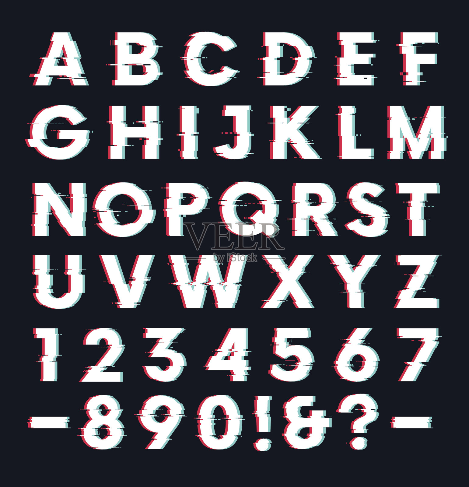 带有矢量字母和数字失真效果的Glitch字体设计元素图片
