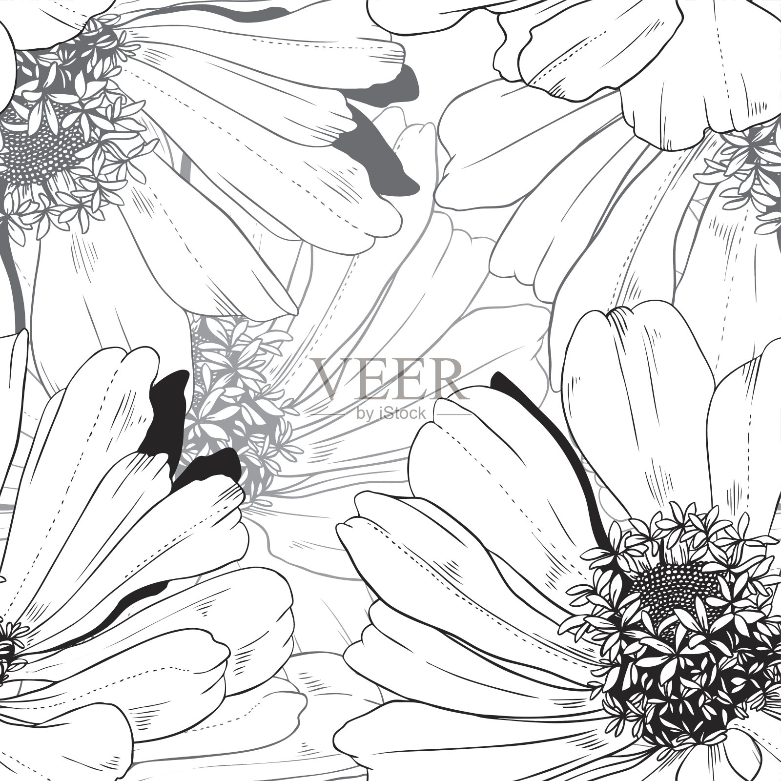 单色无缝向量图案从抽象的花插画图片素材