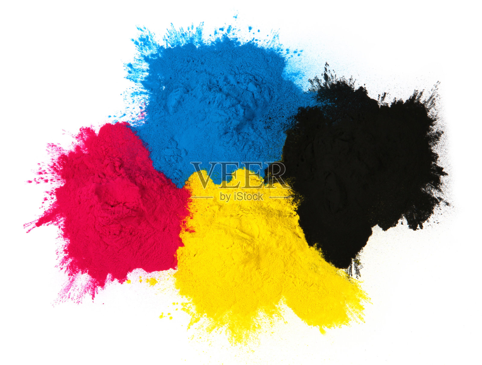 彩色复印机的调色剂，青色、品红、黄色、黑色孤立在彩色复印机的色调上照片摄影图片