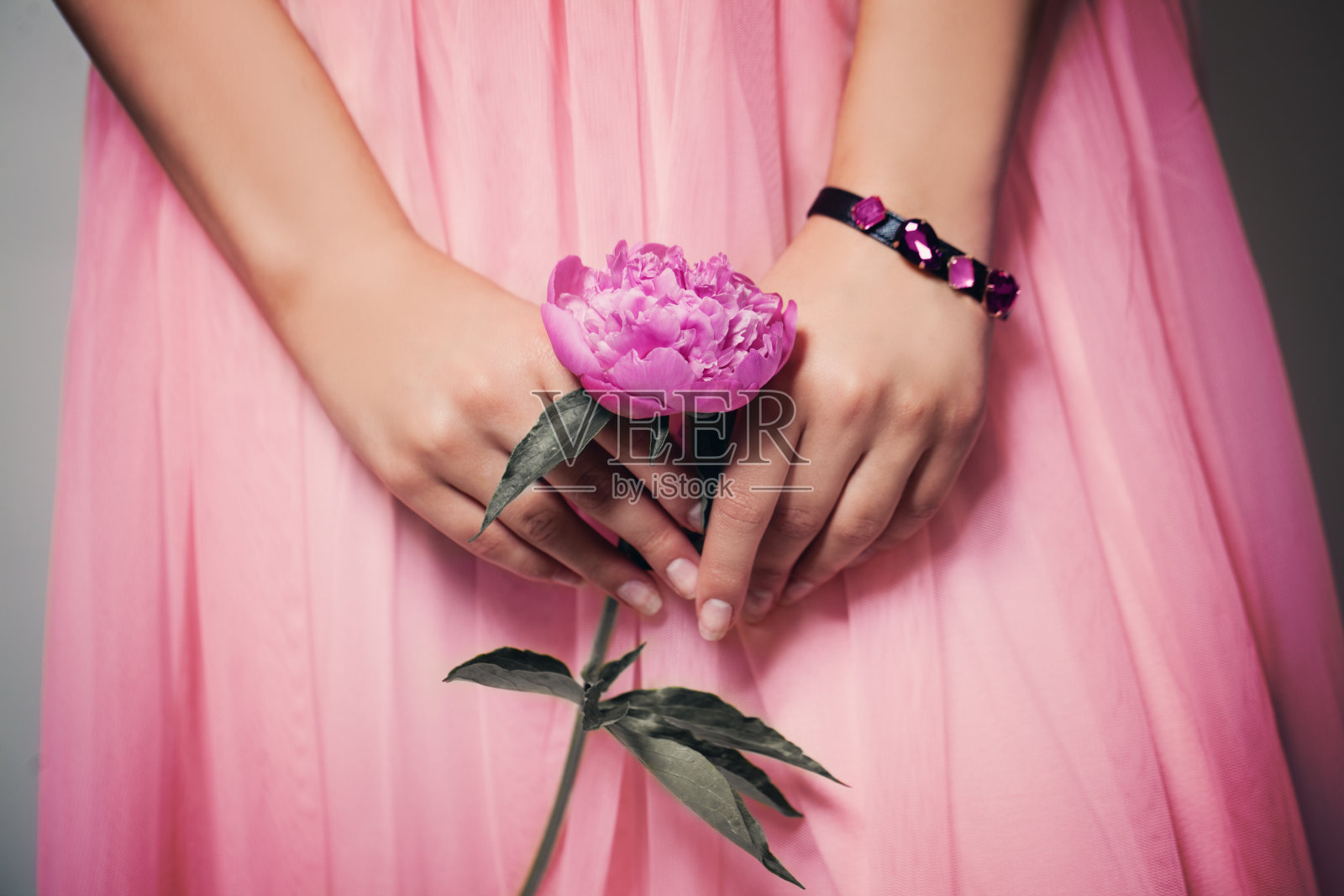 美丽的牡丹花在女人的手在花边舞会裙。粉红色的背景照片摄影图片