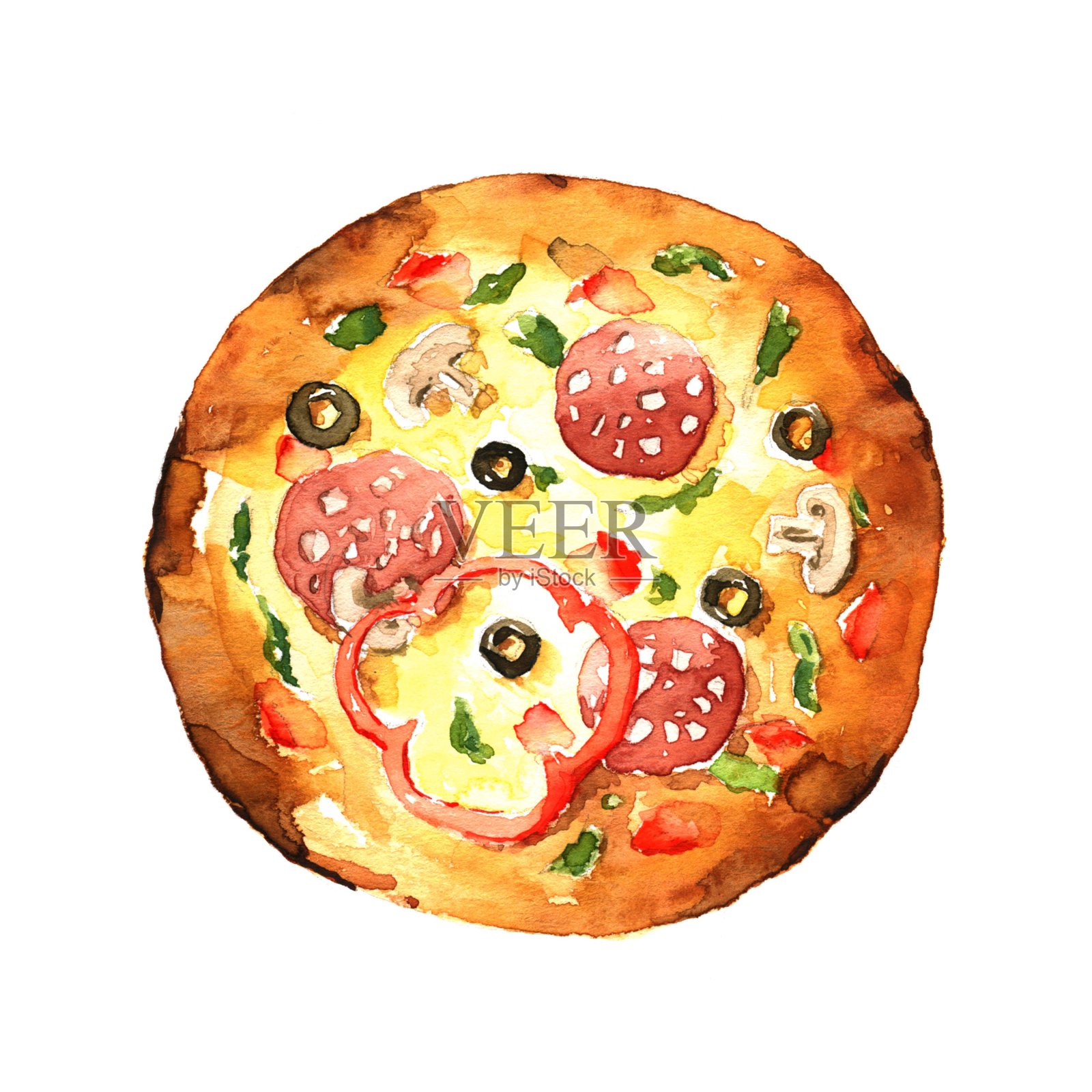 披萨。水彩手绘插图设计元素图片