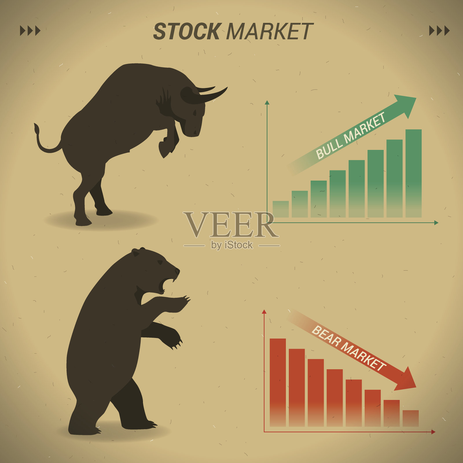 股票市场概念牛市与熊市面对的图形插画图片素材