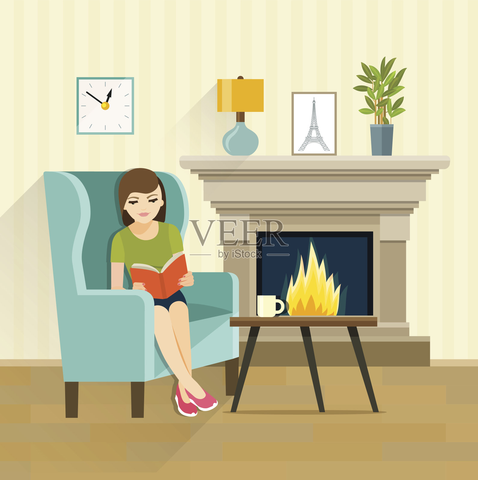 女孩在壁炉旁看书。矢量平面插图插画图片素材