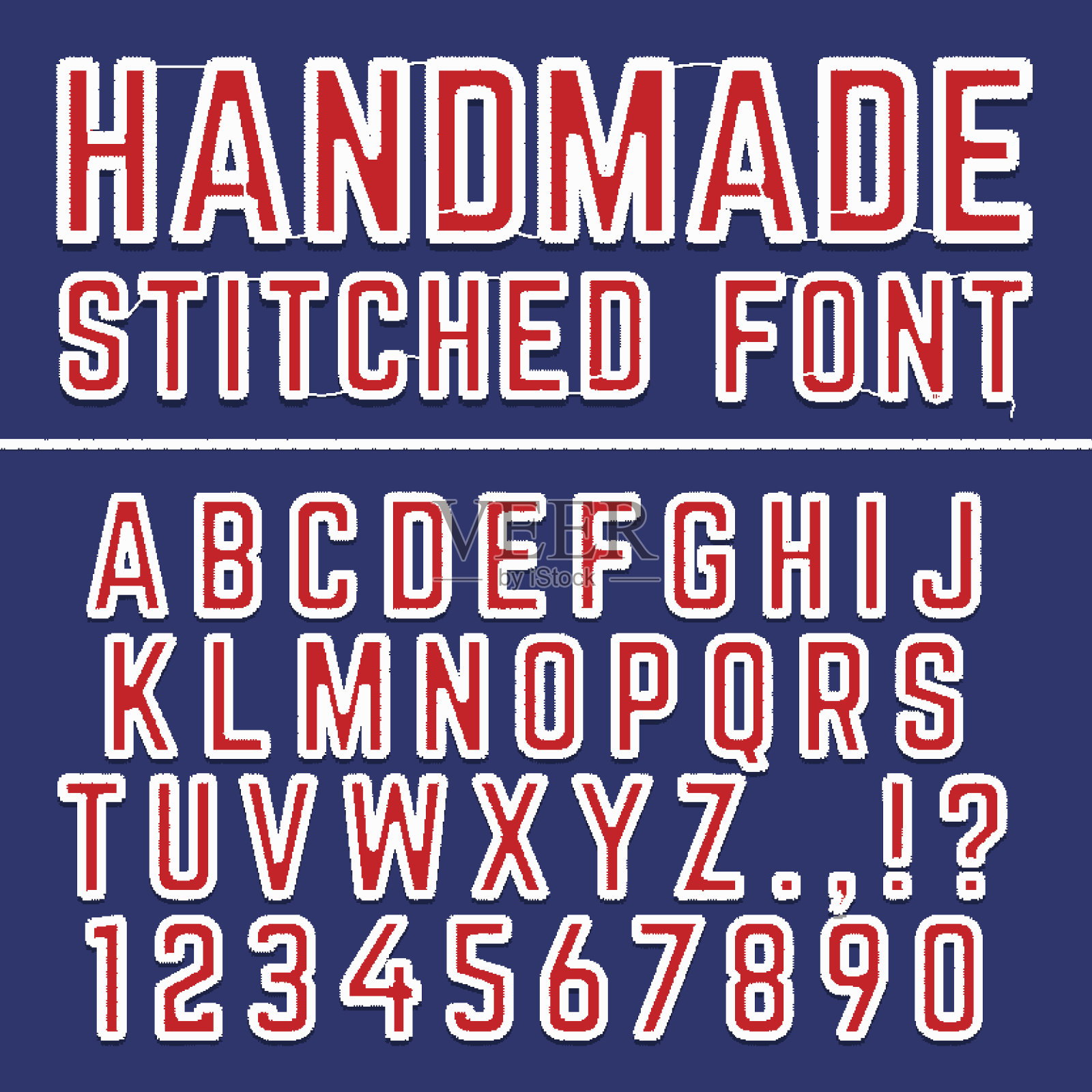 手工刺绣矢量字体字母表。用于织物装饰的缝制字母设计元素图片