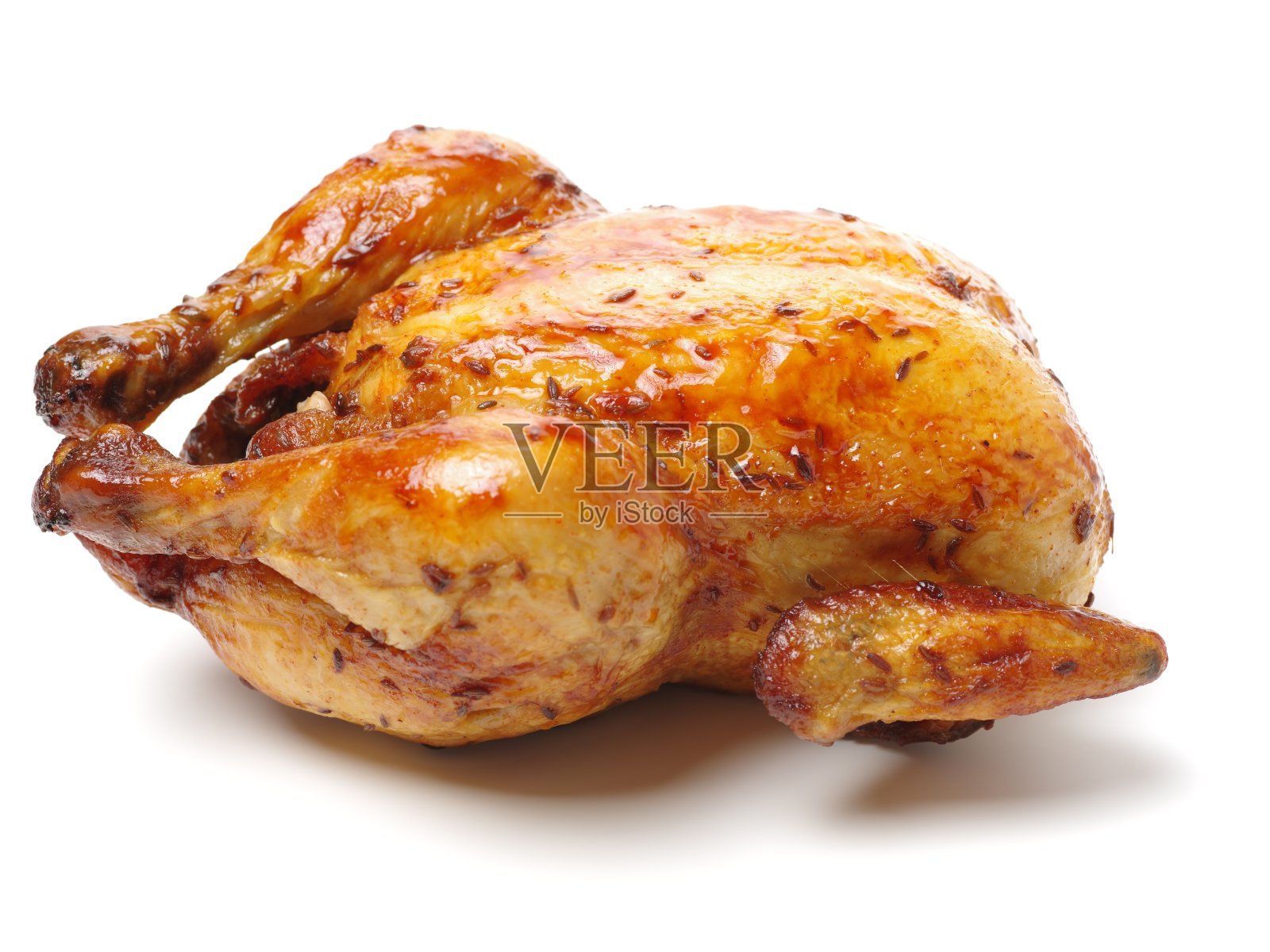 家禽:在白色背景上孤立的烤鸡照片摄影图片