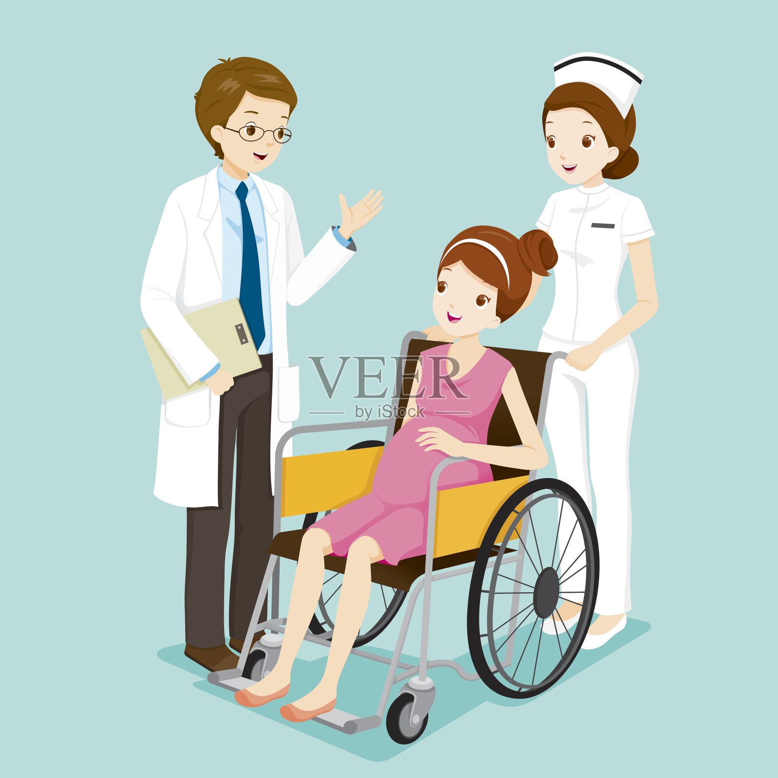 医生与轮椅上的孕妇和护士交谈插画图片素材