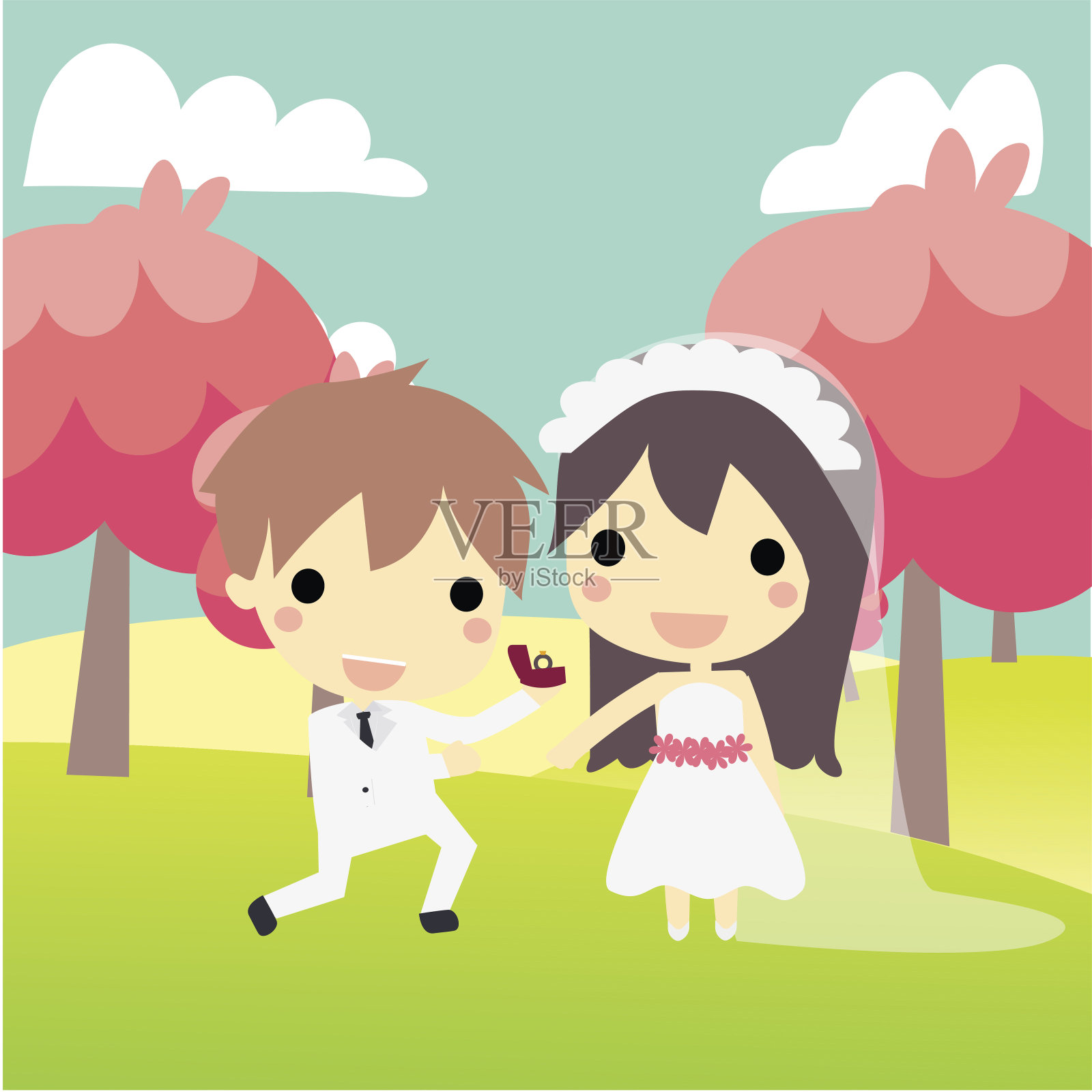 一对可爱的情侣穿着婚纱求婚。插画图片素材