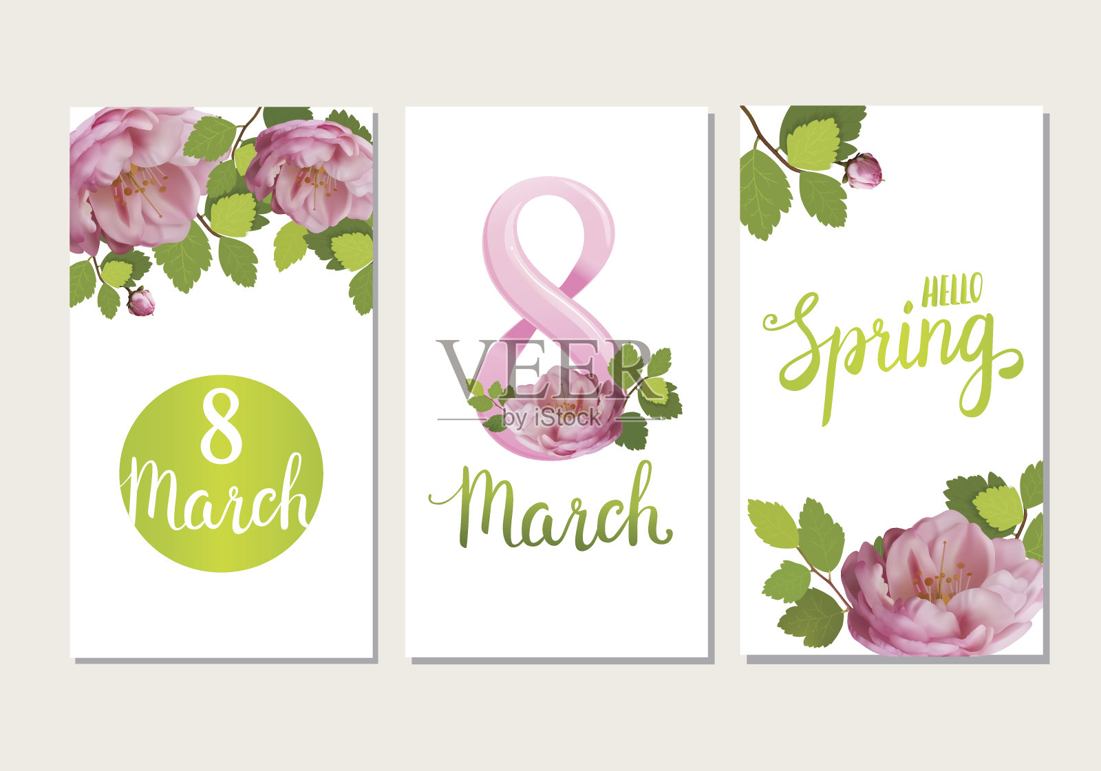 美丽的贺卡与节日3月8日，国际妇女节与春天的玫瑰和字母。设计模板素材