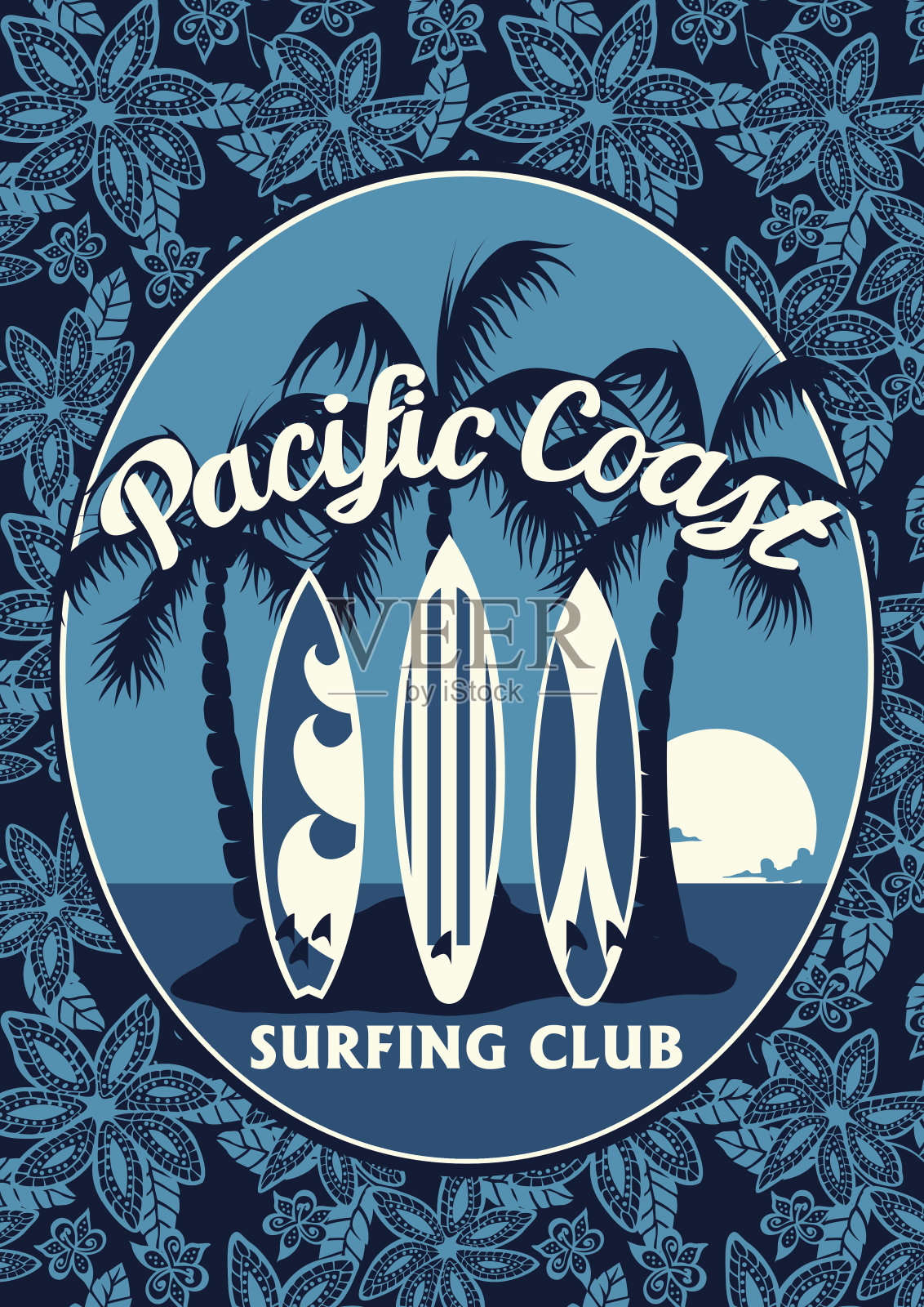 带有棕榈树和冲浪板的热带冲浪俱乐部海报插画图片素材