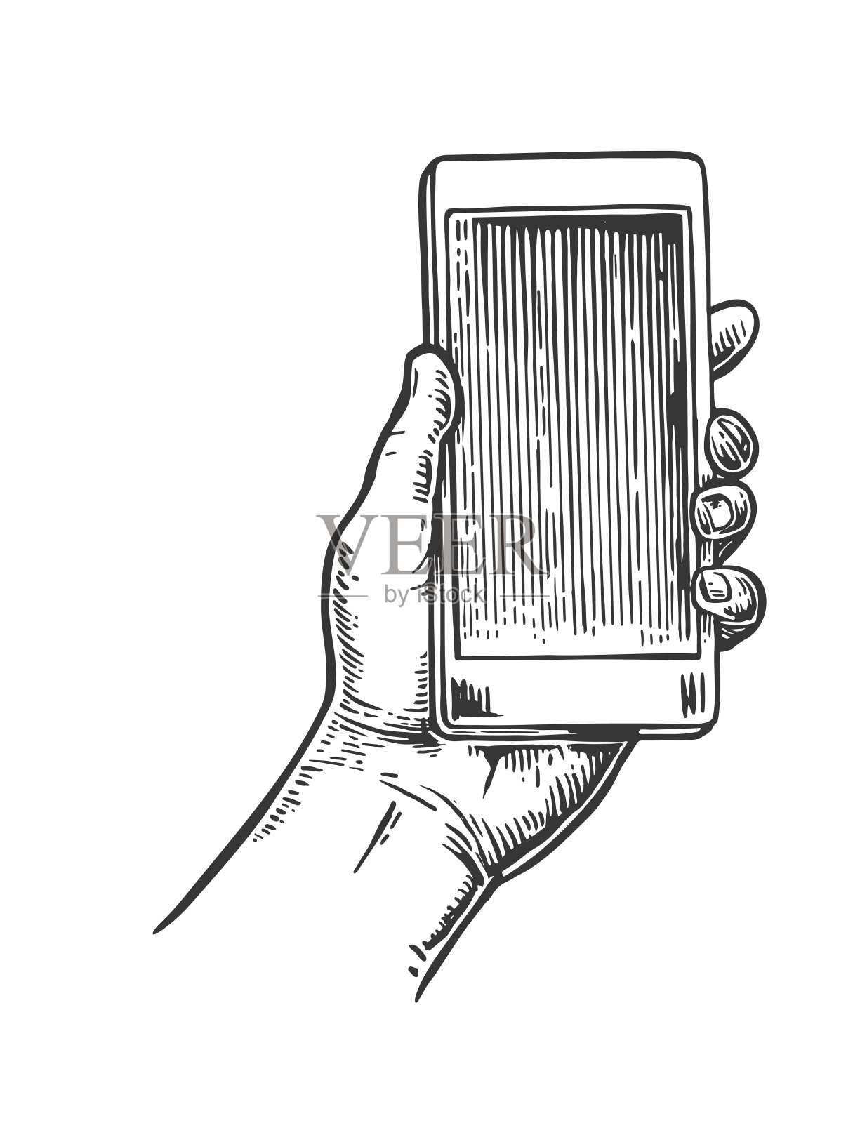 智能手机牵着男人的手。复古绘制矢量雕刻插图插画图片素材