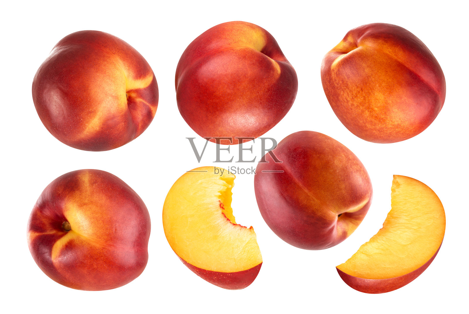 桃子孤立。收集完整和切割桃子果实孤立在白色背景与修剪路径照片摄影图片