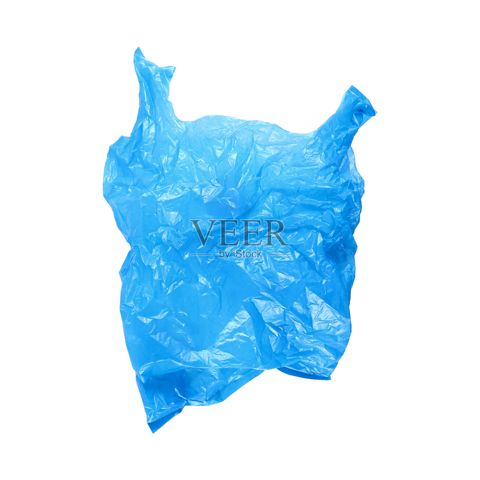 一个开着的皱巴巴的蓝色塑料袋孤立在白色的塑料袋上照片摄影图片