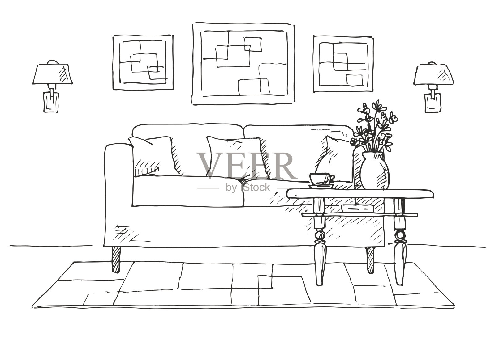 室内的线性草图。沙发、桌子、灯、花和画。手绘矢量插图的草图风格。插画图片素材