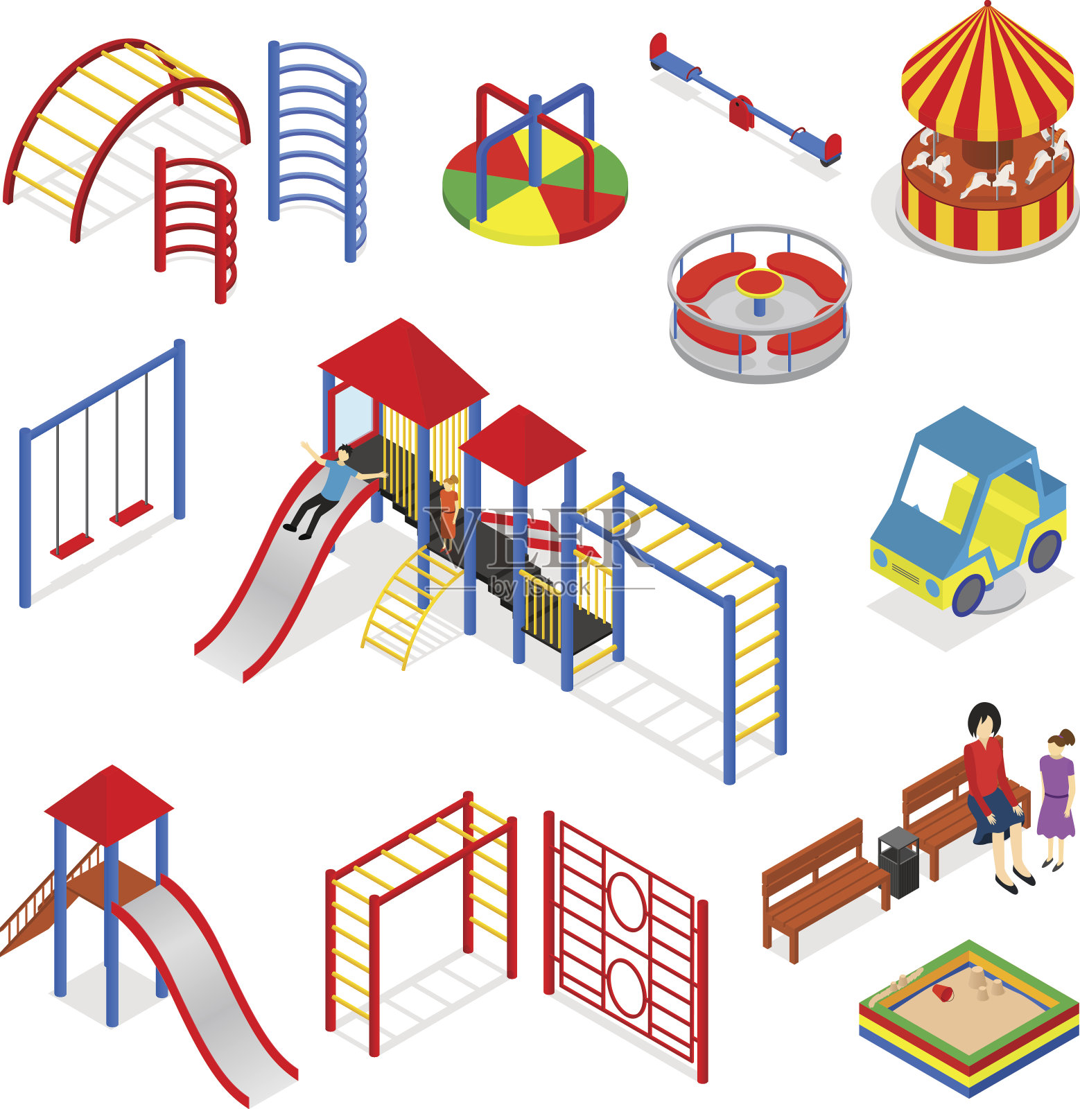 儿童游乐场元素设置等距视图。向量插画图片素材