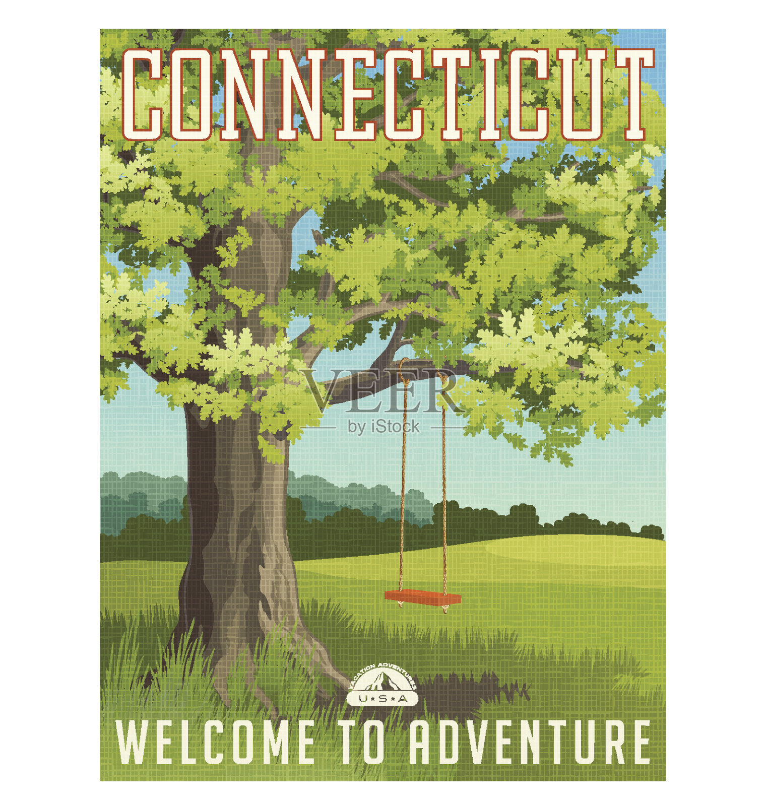 康涅狄格州旅行海报或贴纸。矢量插图的大橡树在国家与红色的摆动。设计模板素材