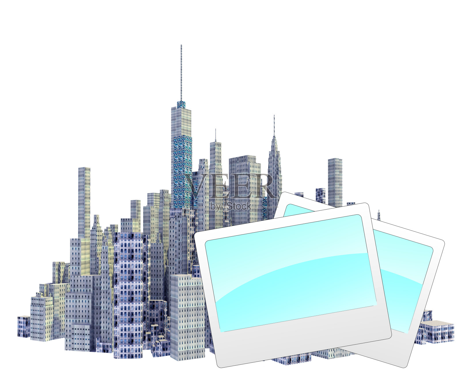 渲染的3d城市天际线与相框孤立的白色背景插画图片素材