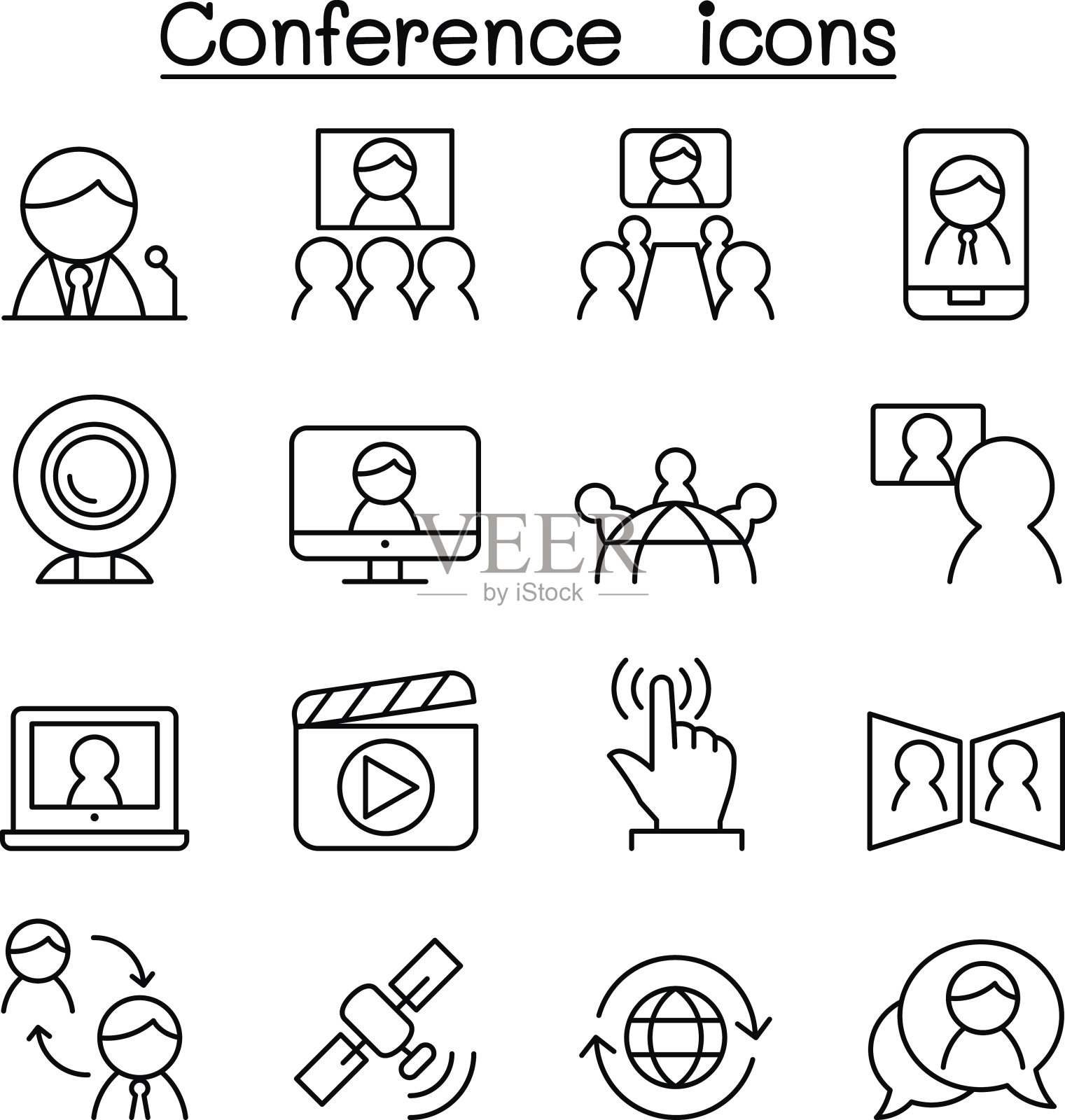 会议&会议图标设置在细线风格图标素材