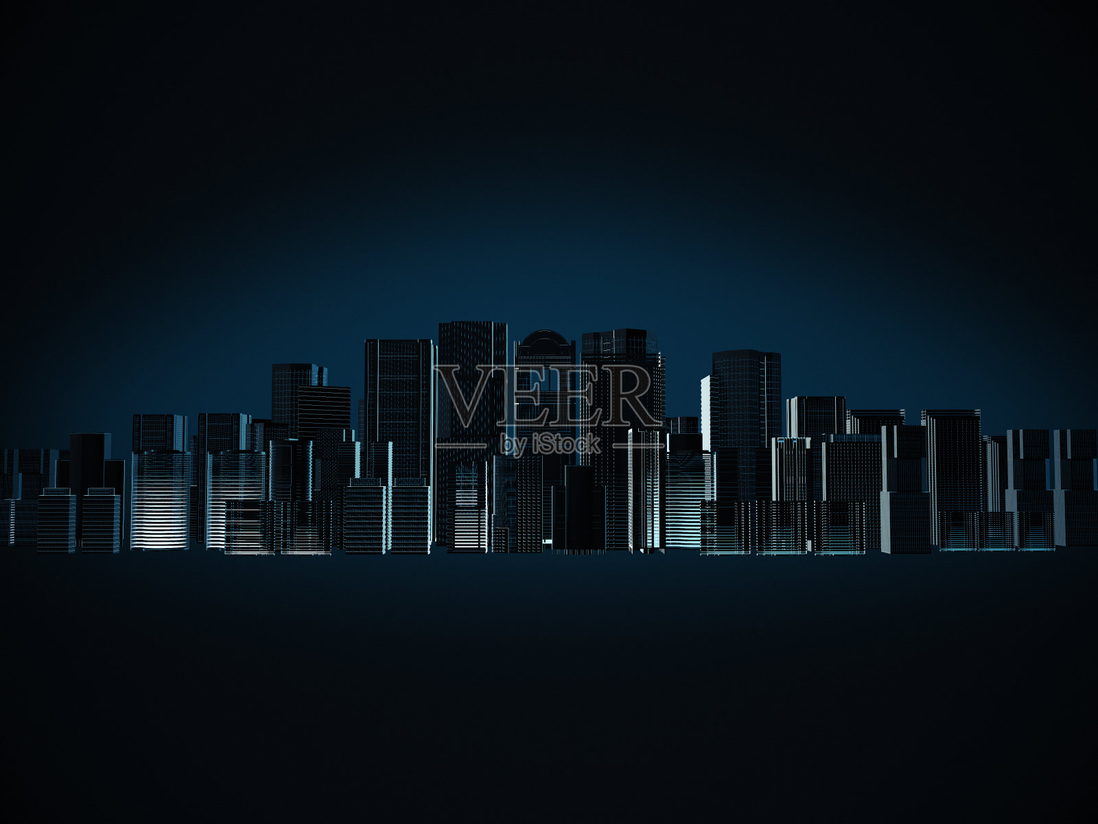 在黑暗的背景上的剪影城市蓝色的3D渲染。抽象的城市。照片摄影图片