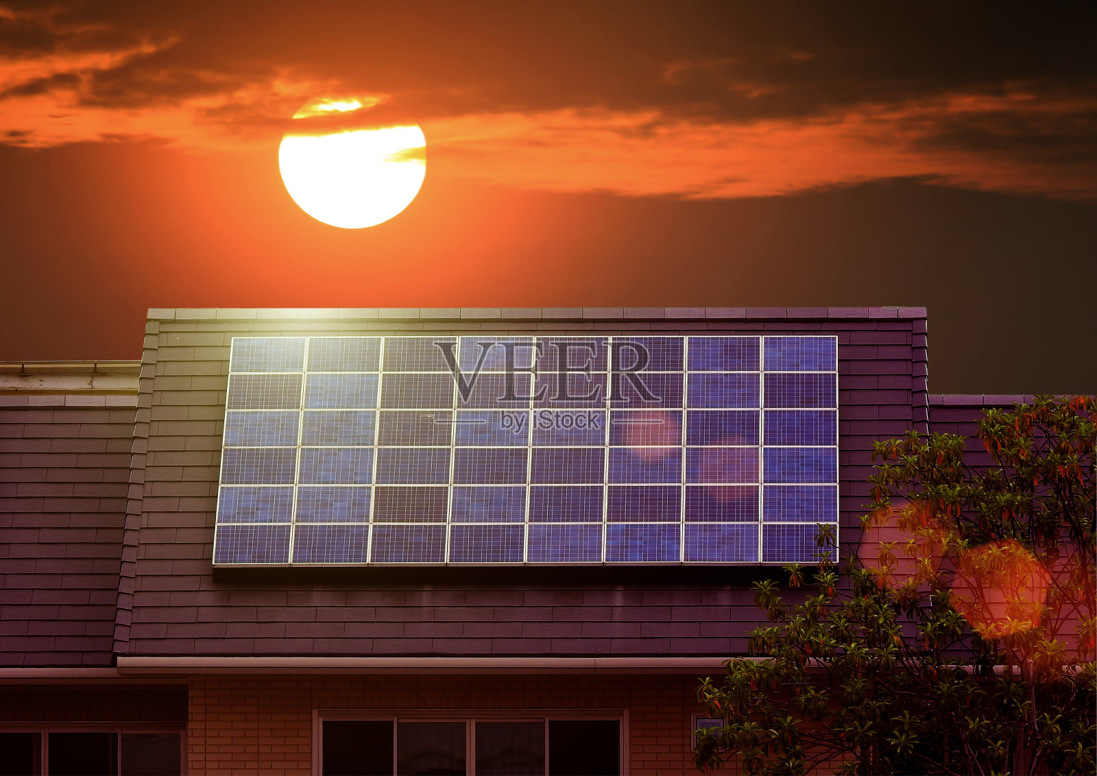 屋顶上的绿色太阳能电池板照片摄影图片