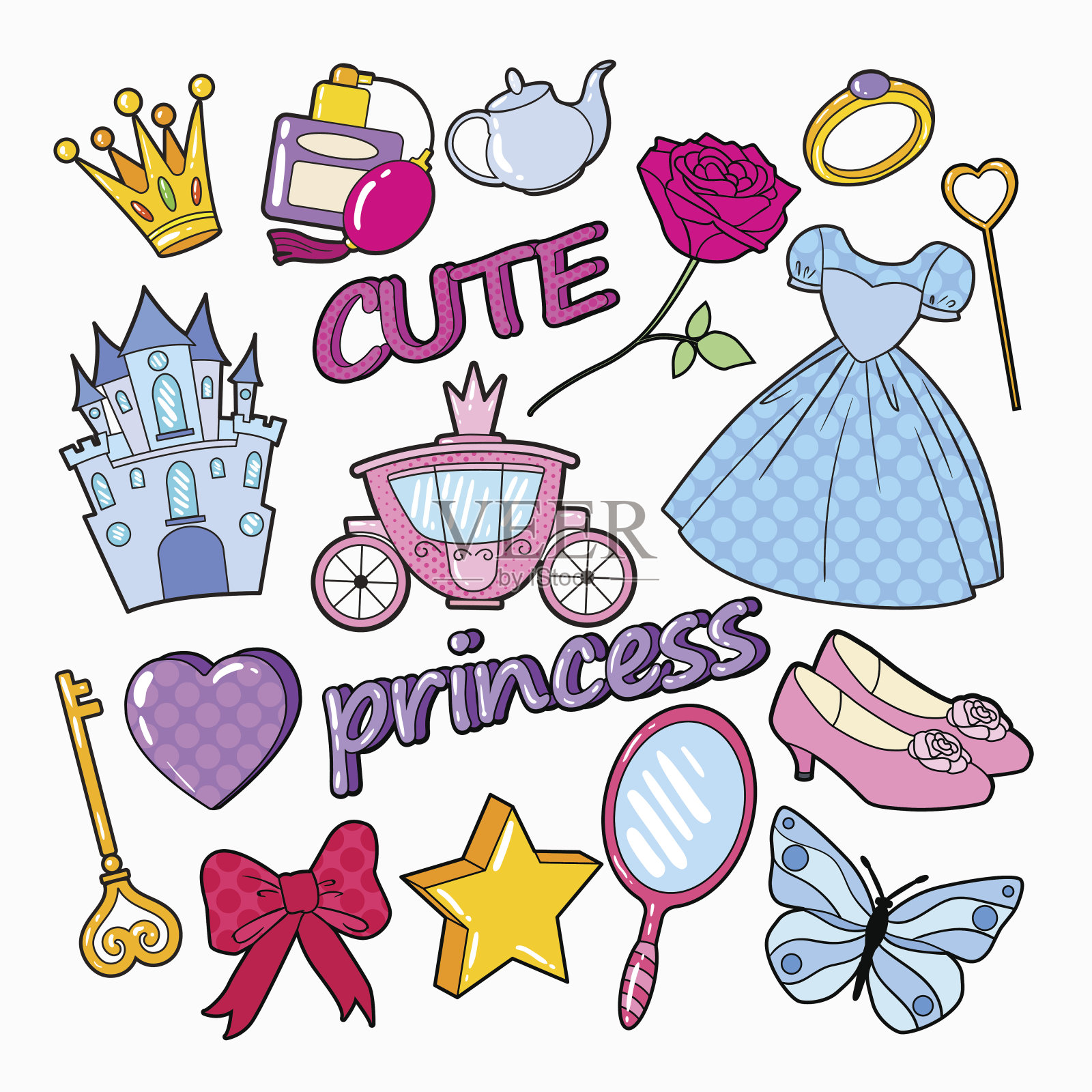 画着城堡、皇冠和星星的小公主设计元素图片