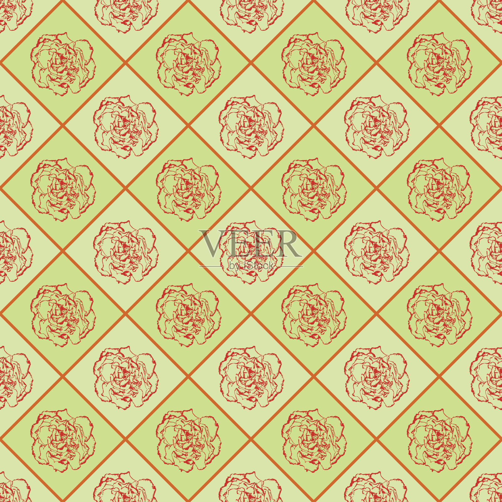 绿色和橙色向量无缝象棋风格复古纹理与丁香花。矢量图插画图片素材