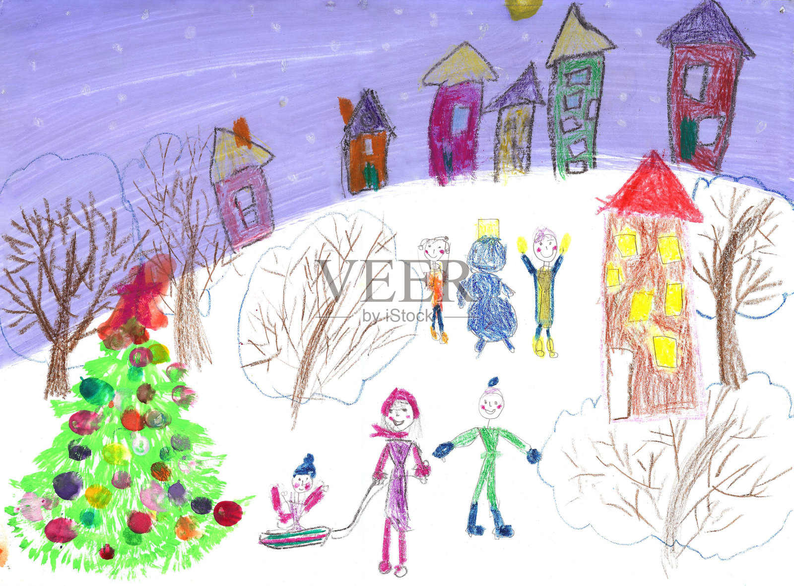 水彩画儿童画冬天的雪橇插画图片素材